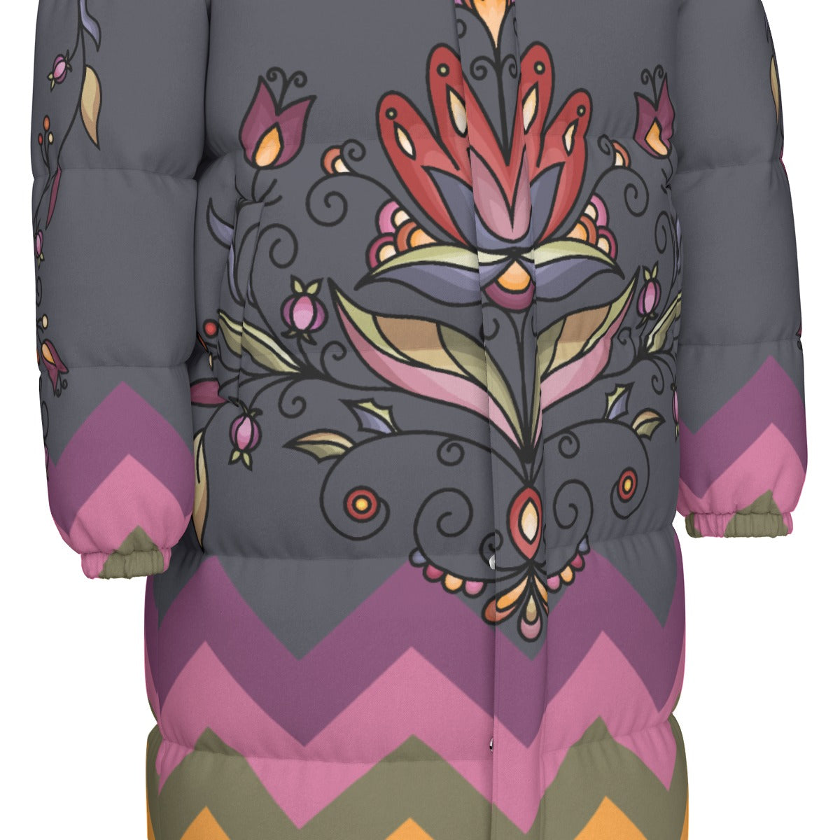 Red Willow Whispers Floral Unisex Long Down Jacket