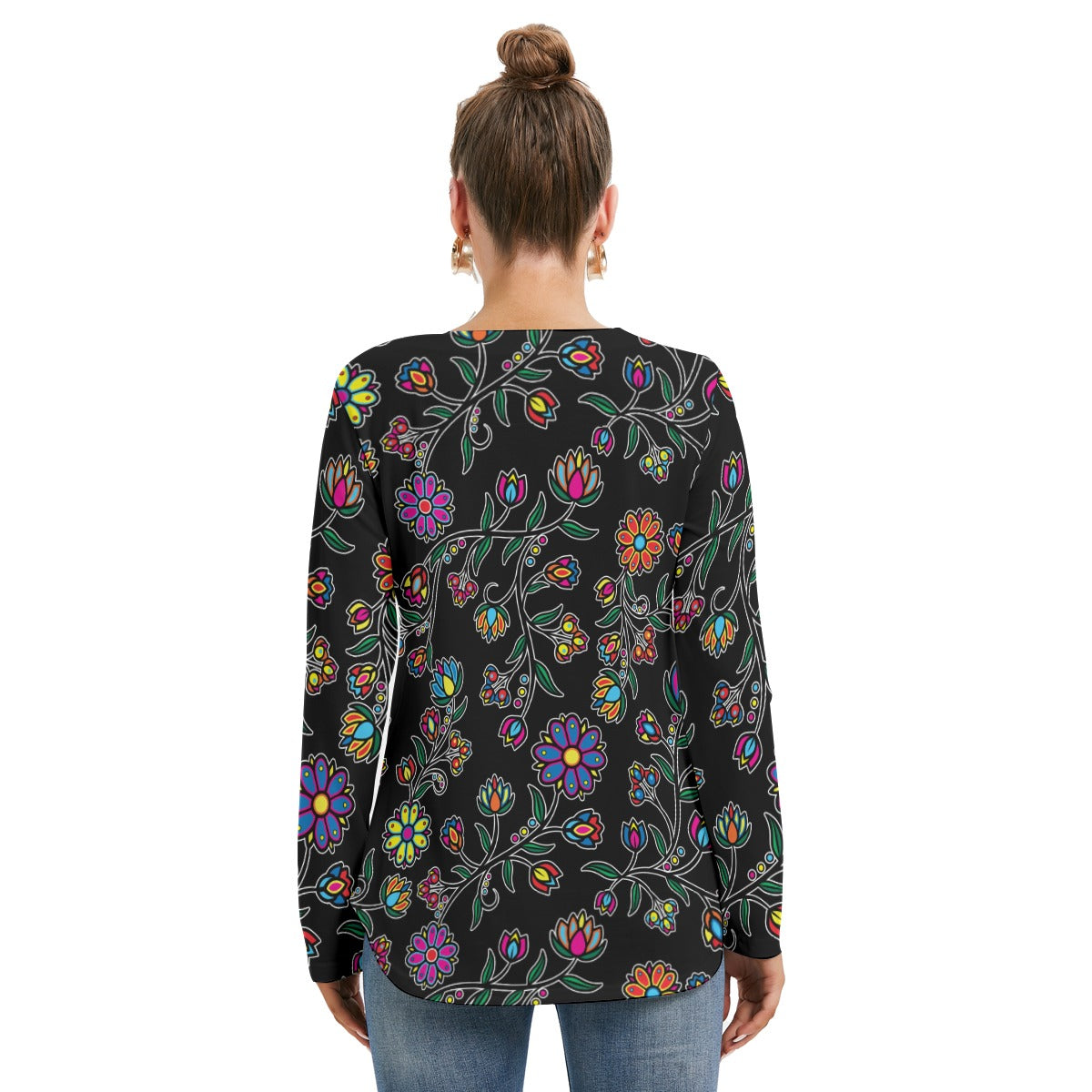 Cosmic Whisper Black Women's Long Sleeve Neckline Tie Sweatshirt