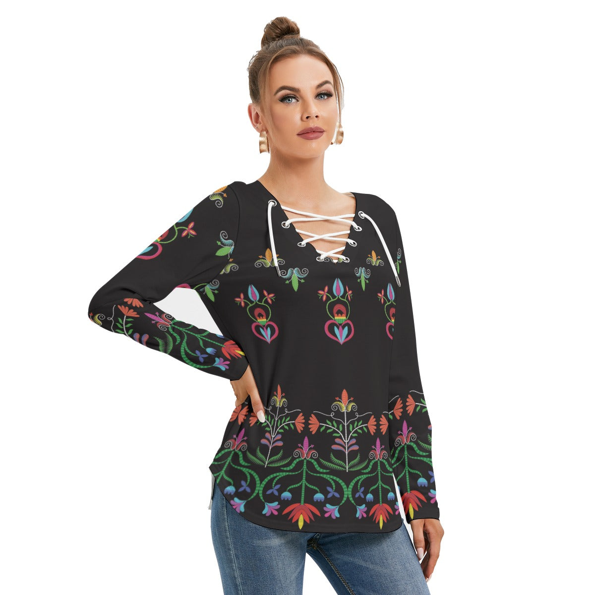 Metis Corn Mother Women's Long Sleeve Neckline Tie Sweatshirt