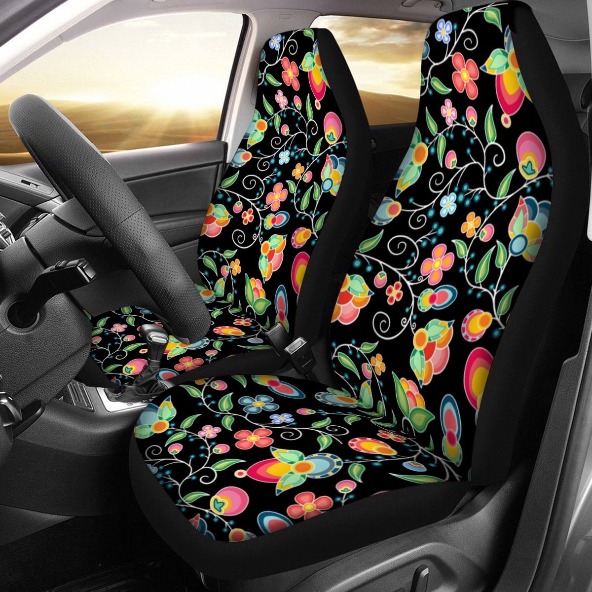 Floral Bounty Black Universal Car Seat Cover With Thickened Back