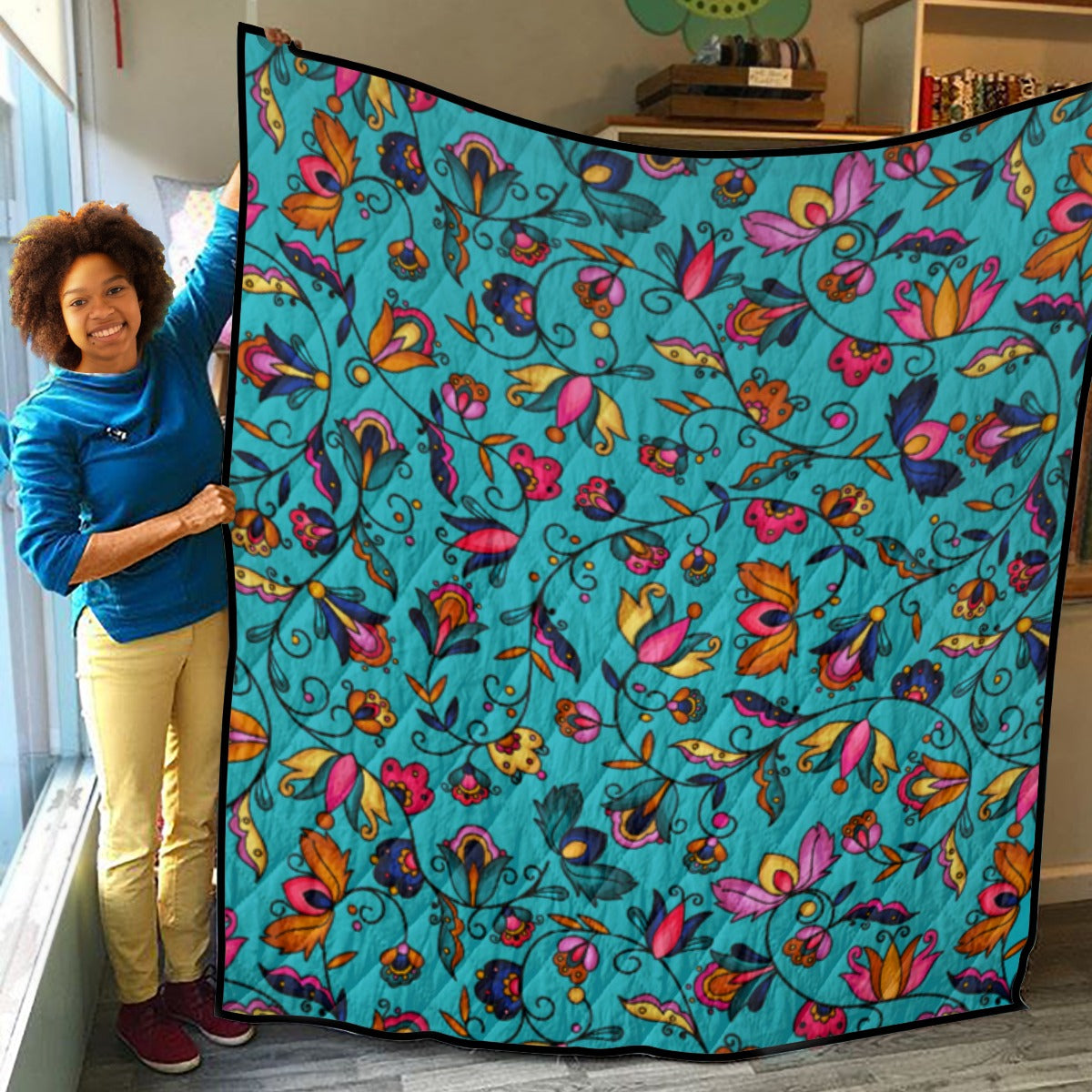 Copper Prairie Petals Turquoise Lightweight & Breathable Quilt With Edge-wrapping Strips