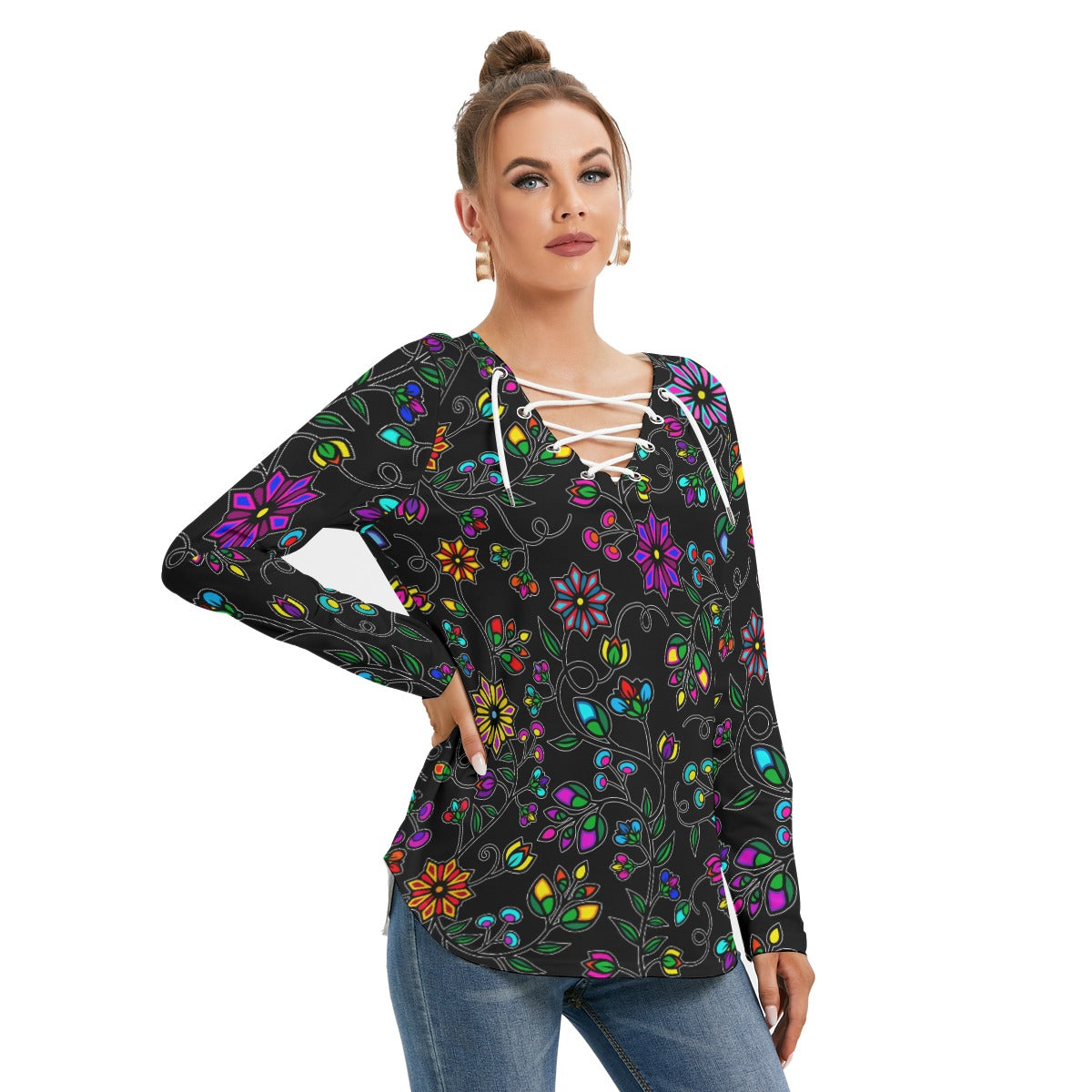 Prairie Paintbrush Black SQ Women's Long Sleeve Neckline Tie Sweatshirt