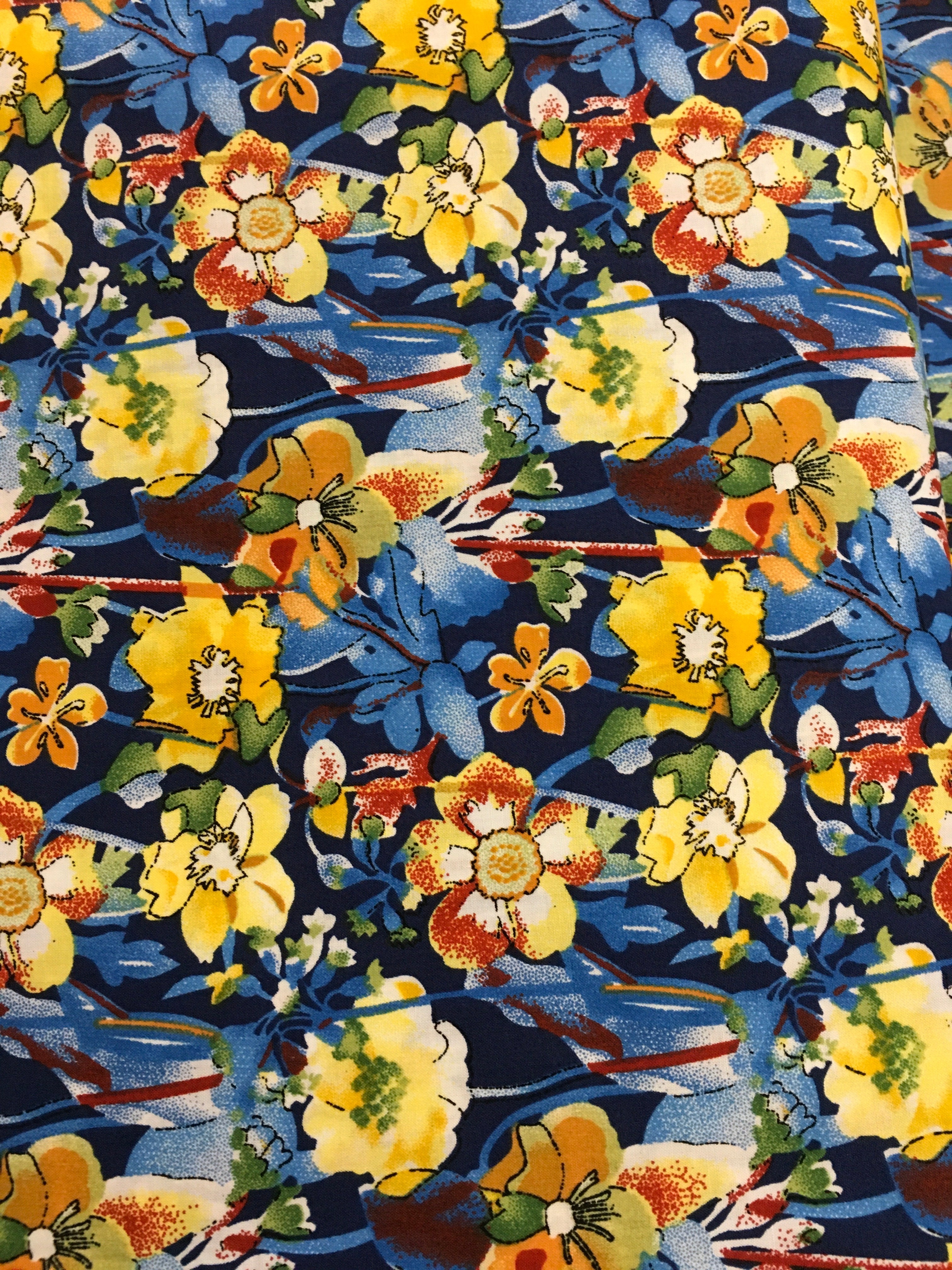 Yellow Flowers Blue Background 56 inch Cotton Fabric