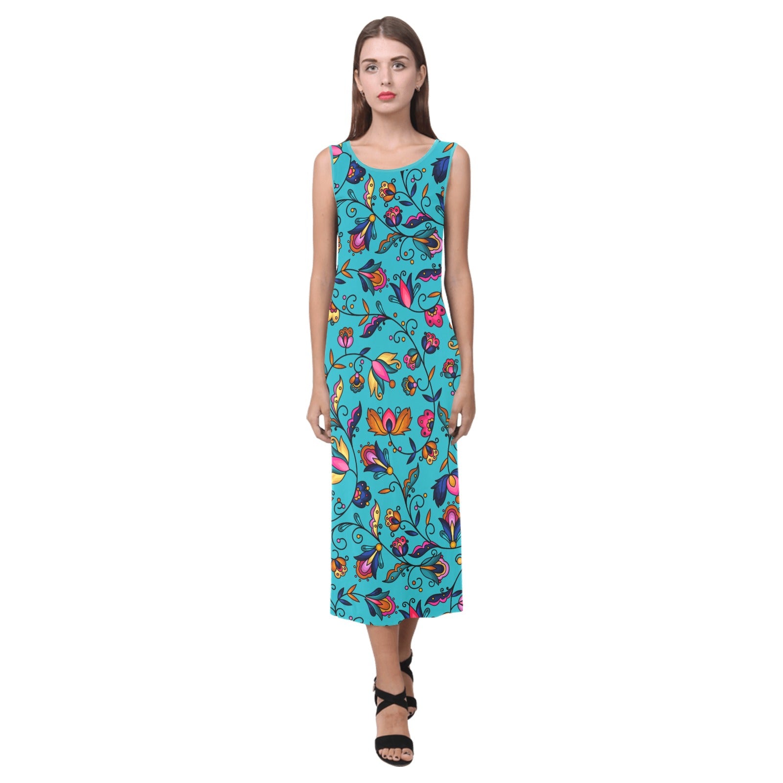 Copper Prairie Petals Turquoise Phaedra Sleeveless Open Fork Long Dress