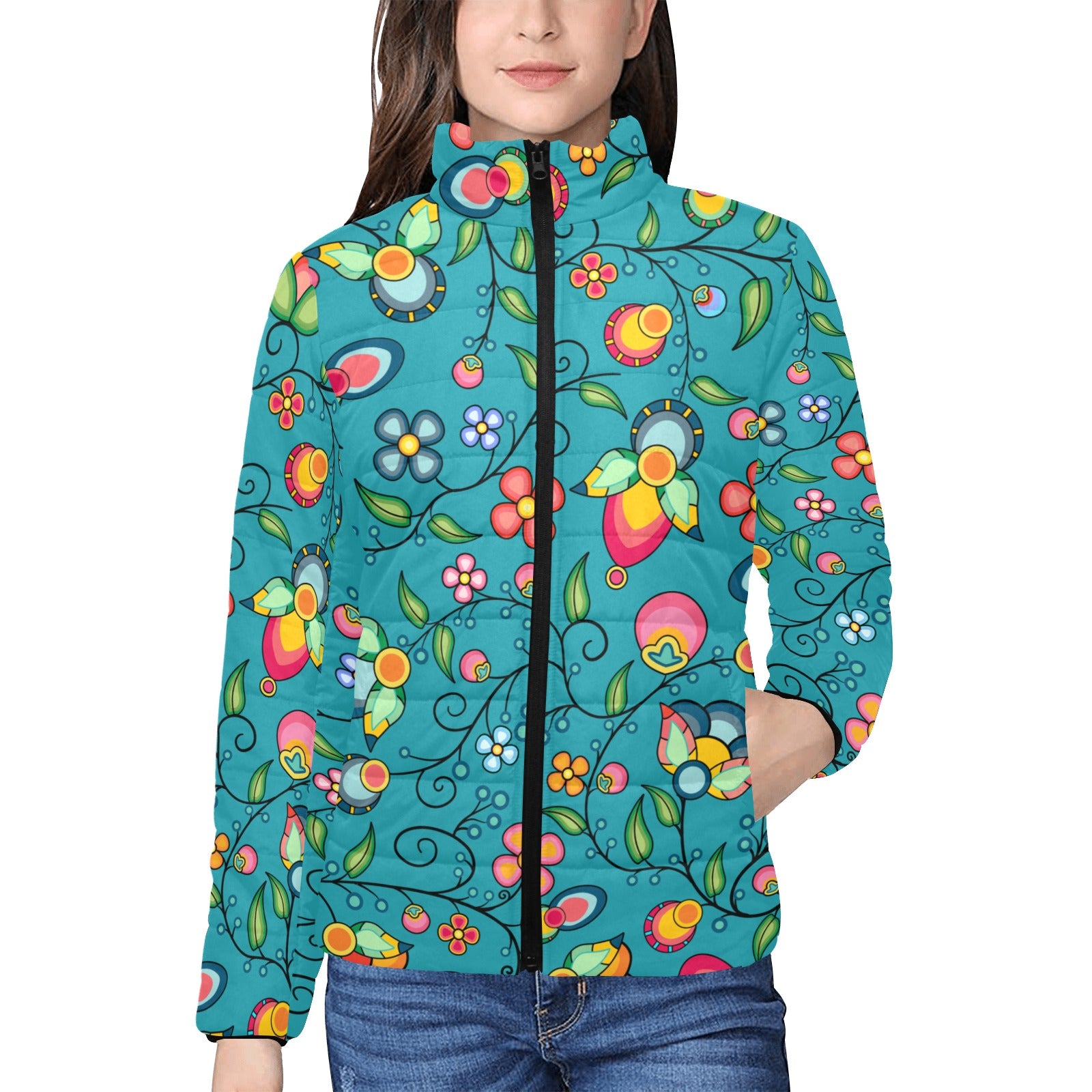 Floral Bounty Teal Women's Padded Jacket