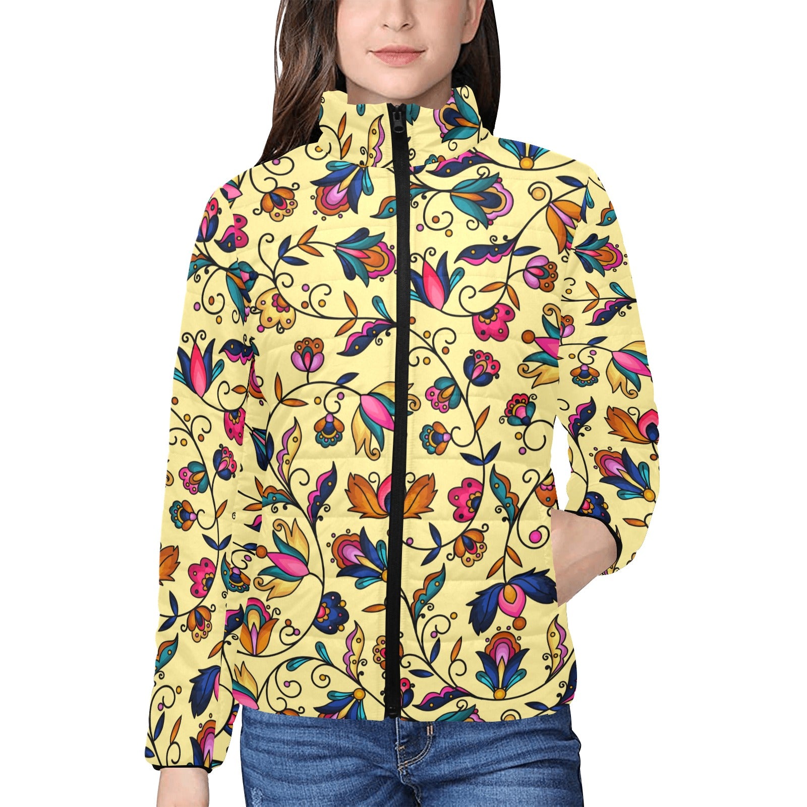 Copper Prairie Petals Yellow Women's Stand Collar Padded Jacket