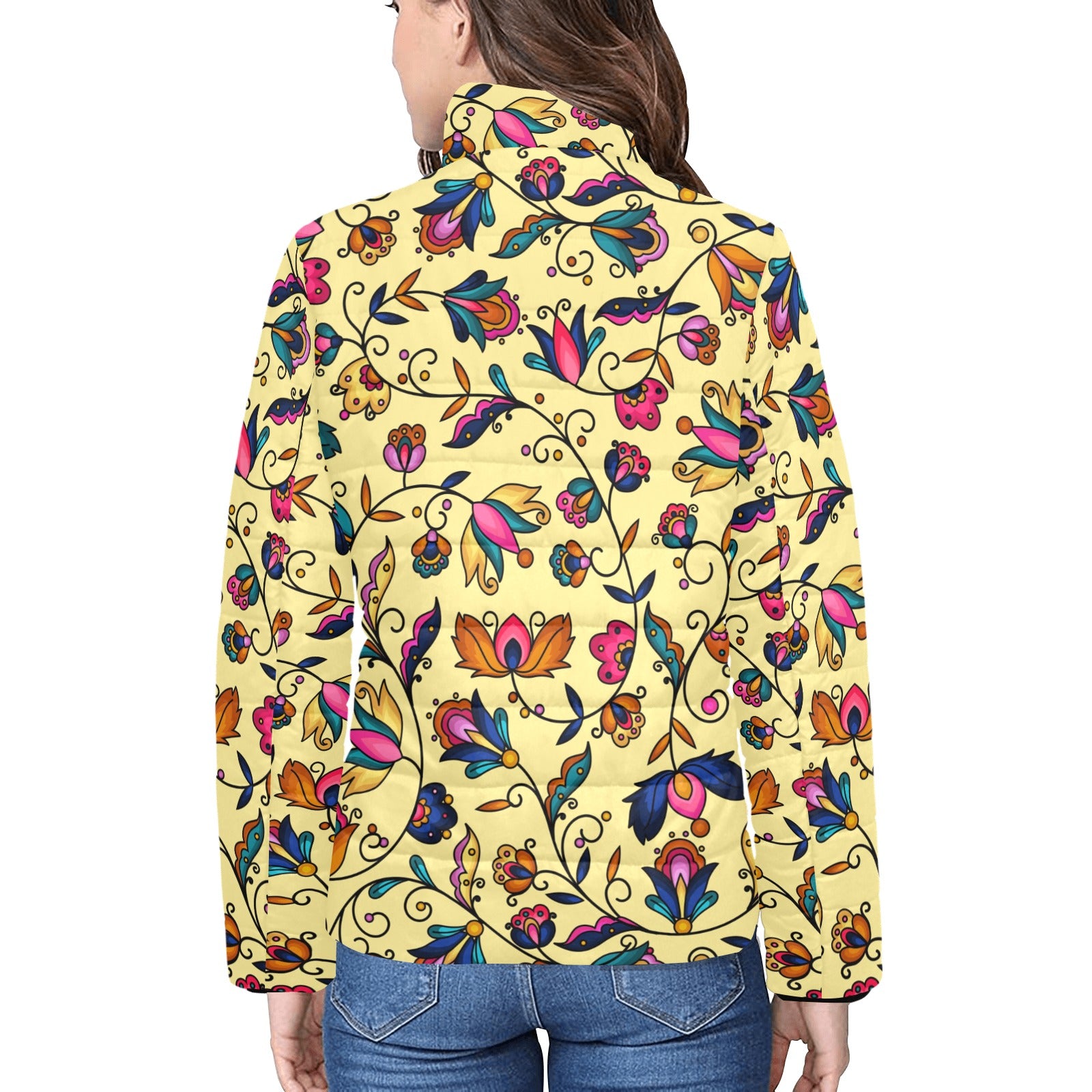 Copper Prairie Petals Yellow Women's Stand Collar Padded Jacket
