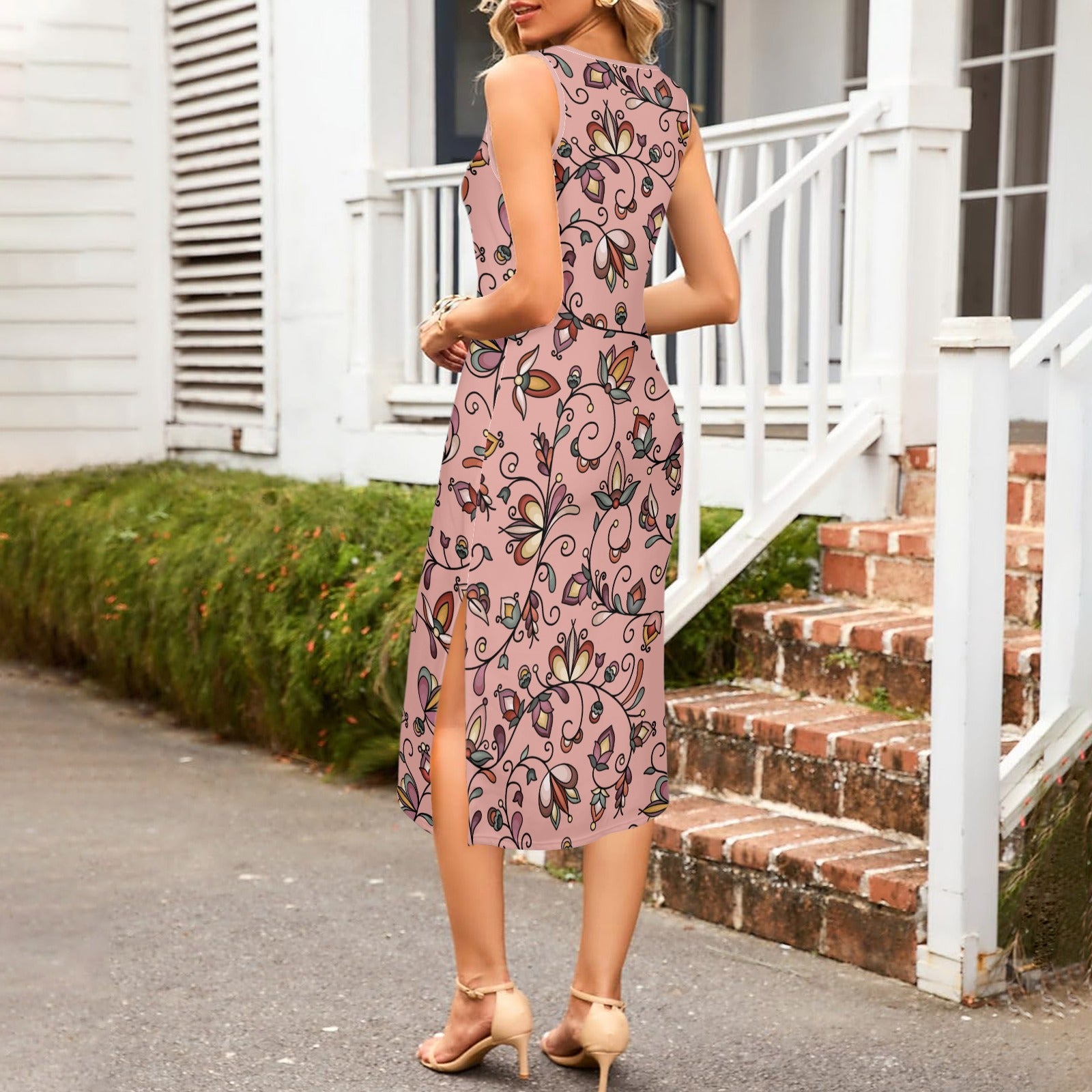 Burnt Sky Petals Peach Phaedra Sleeveless Open Fork Long Dress