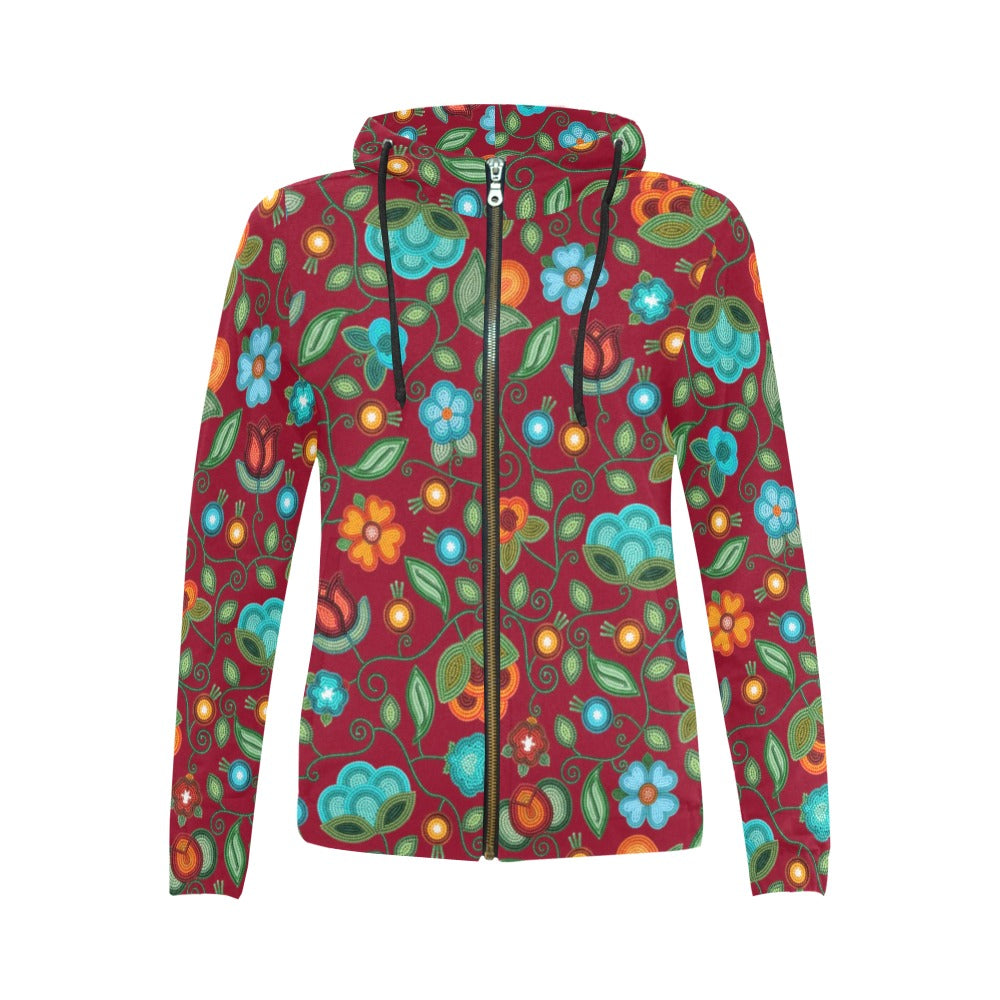 Prairie Fire Petals Red Full Zip Hoodie for Women