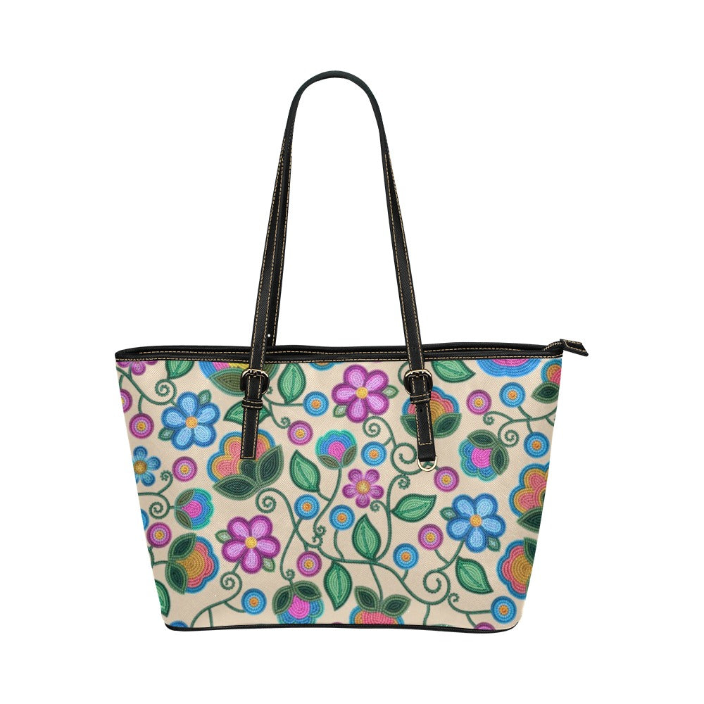 Turquoise Sunbeam Cream Leather Tote Bag/Large