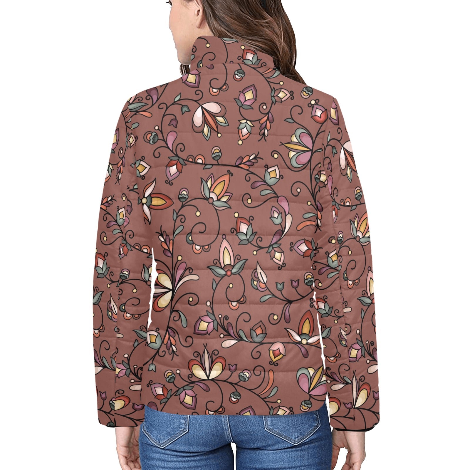 Burnt Sky Petals Brown Women's Stand Collar Padded Jacket