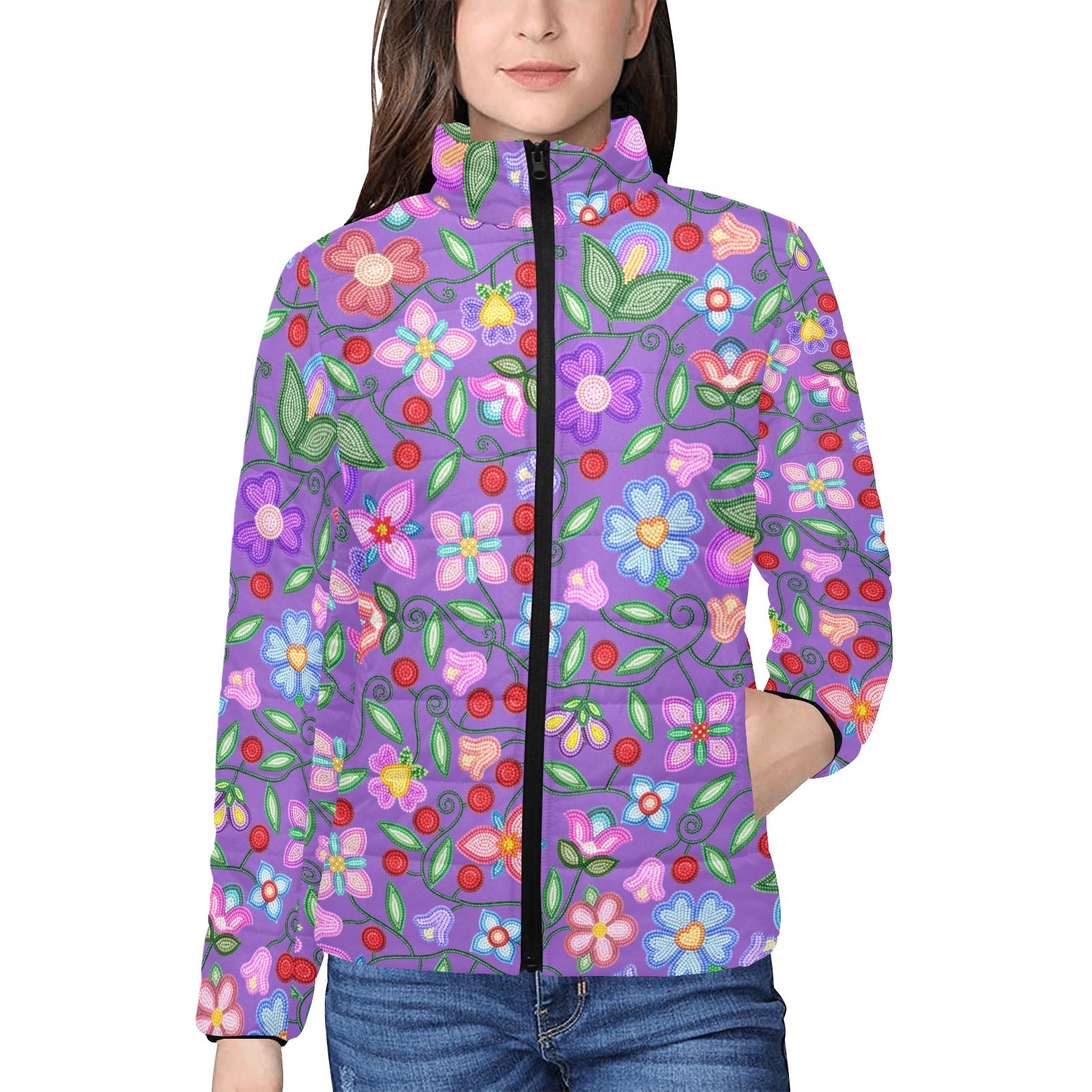 Petal Harmony Lavender Women's Stand Collar Padded Jacket
