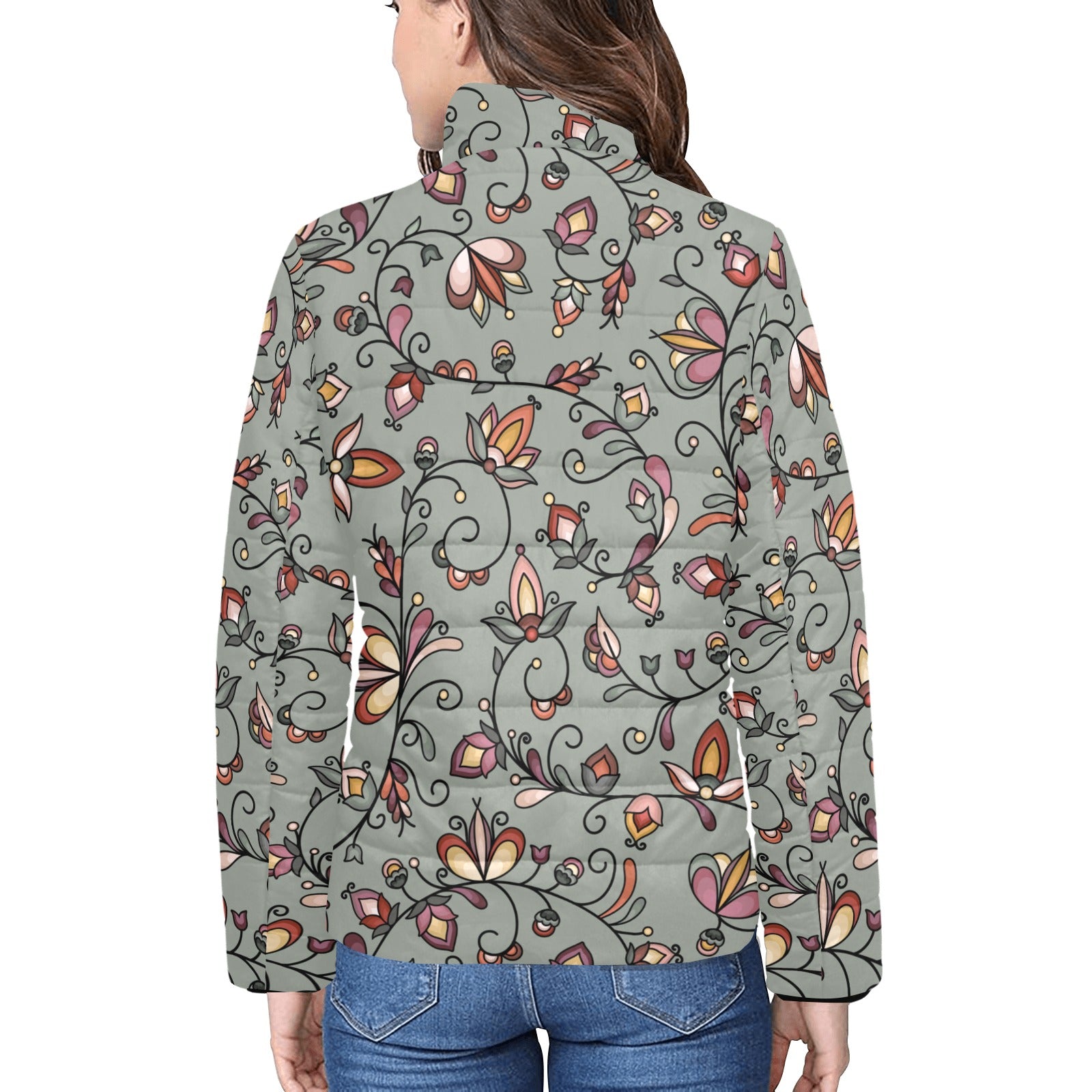 Burnt Sky Petals Green Women's Stand Collar Padded Jacket
