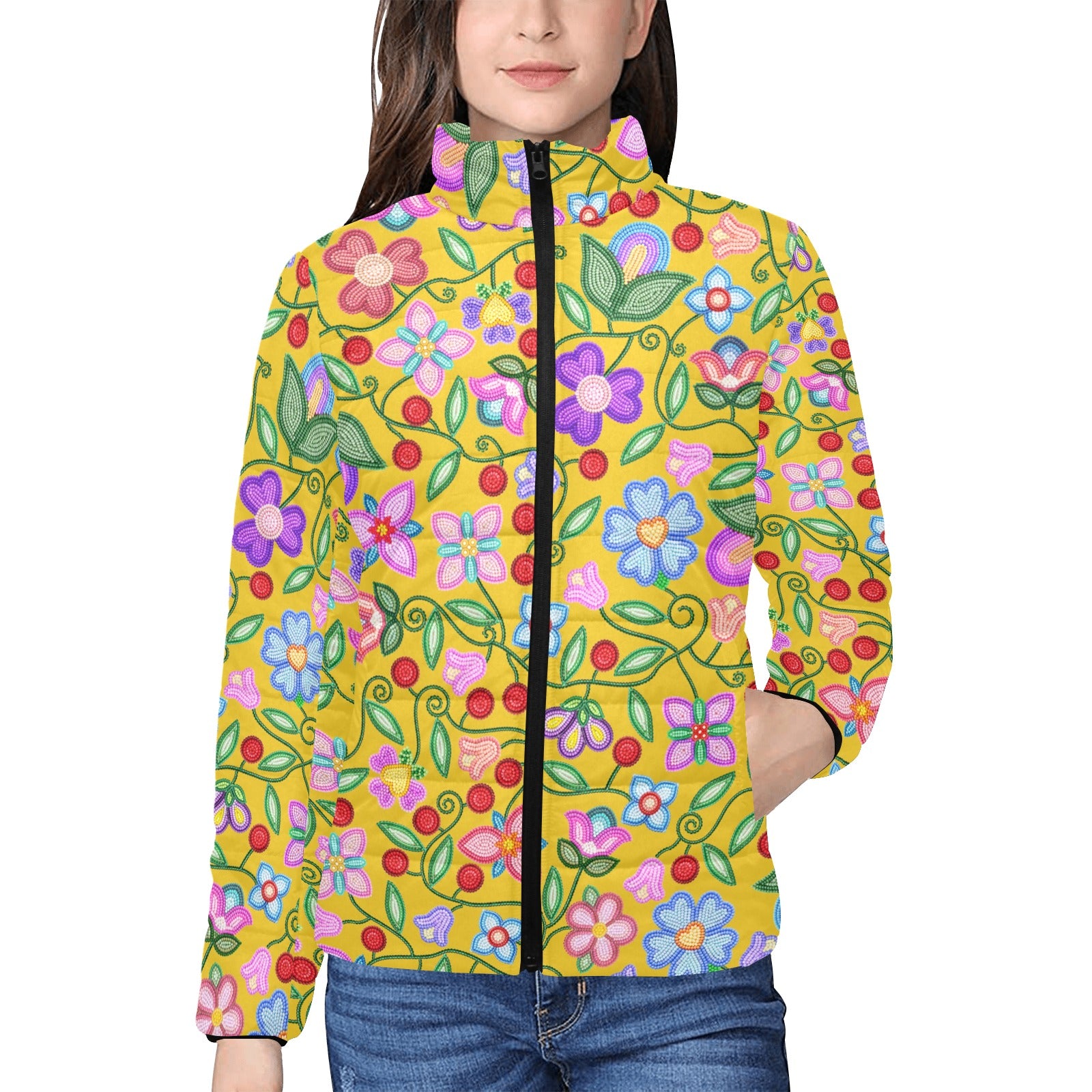 Petal Harmony Ochre Women's Stand Collar Padded Jacket