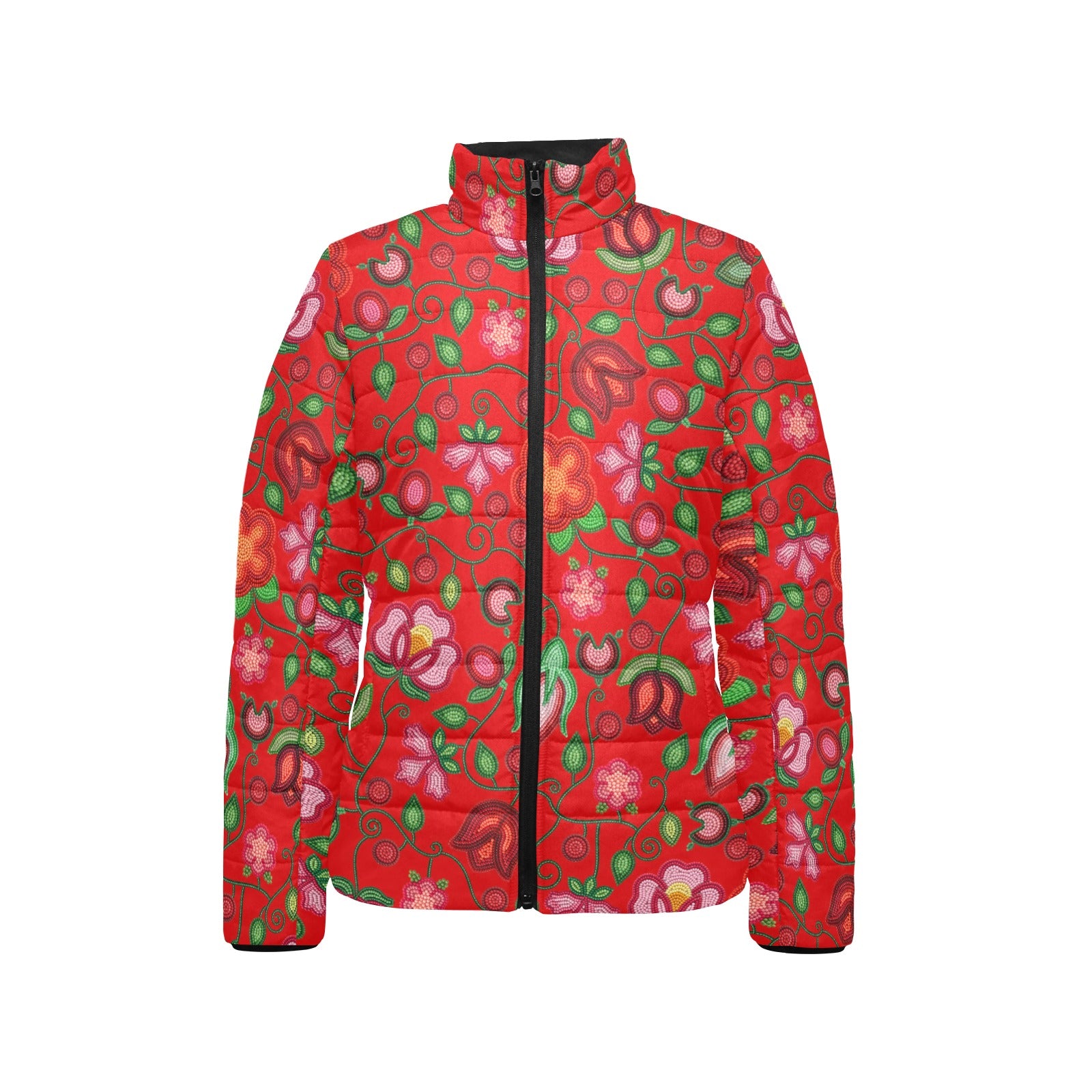 Rose Reverie Red Women's Stand Collar Padded Jacket