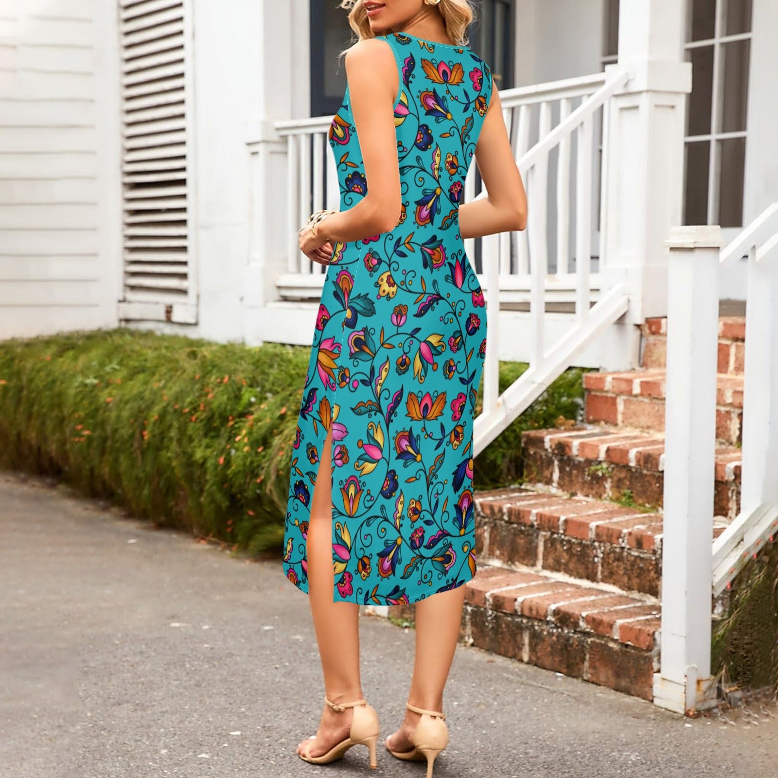 Copper Prairie Petals Turquoise Phaedra Sleeveless Open Fork Long Dress