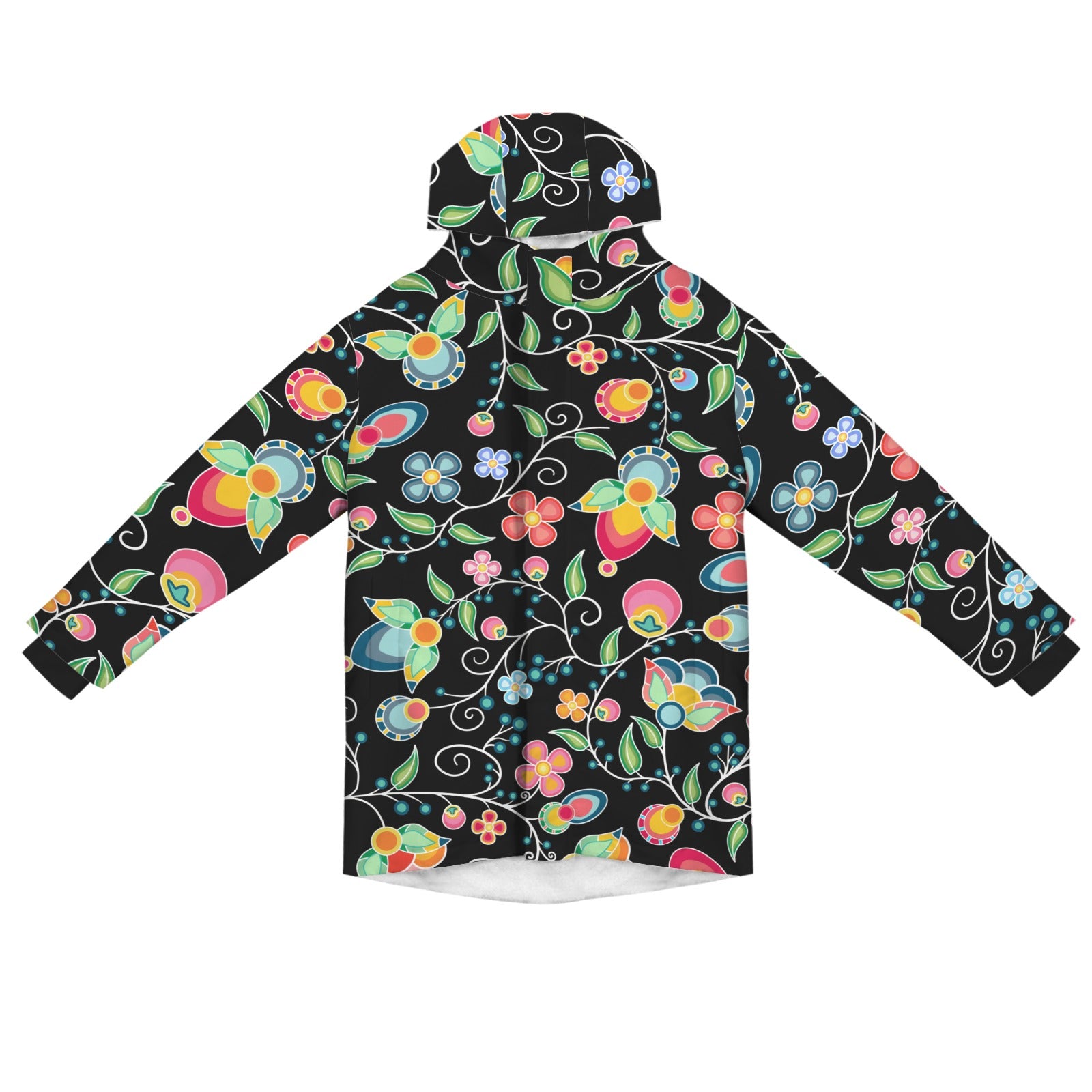 Floral Bounty Black Unisex Sherpa Lined Hooded Coat