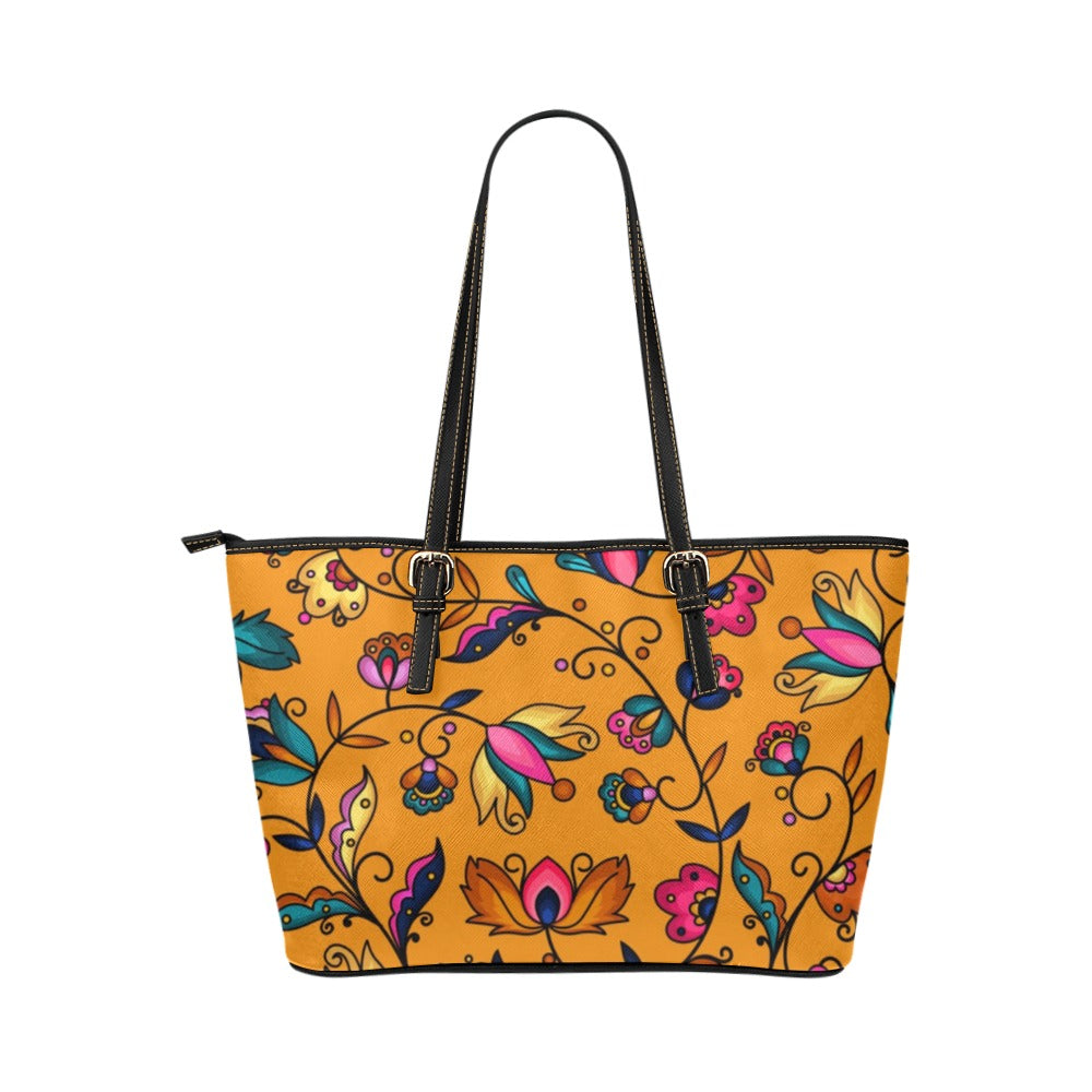 Copper Prairie Petals Orange Leather Tote Bag/Large