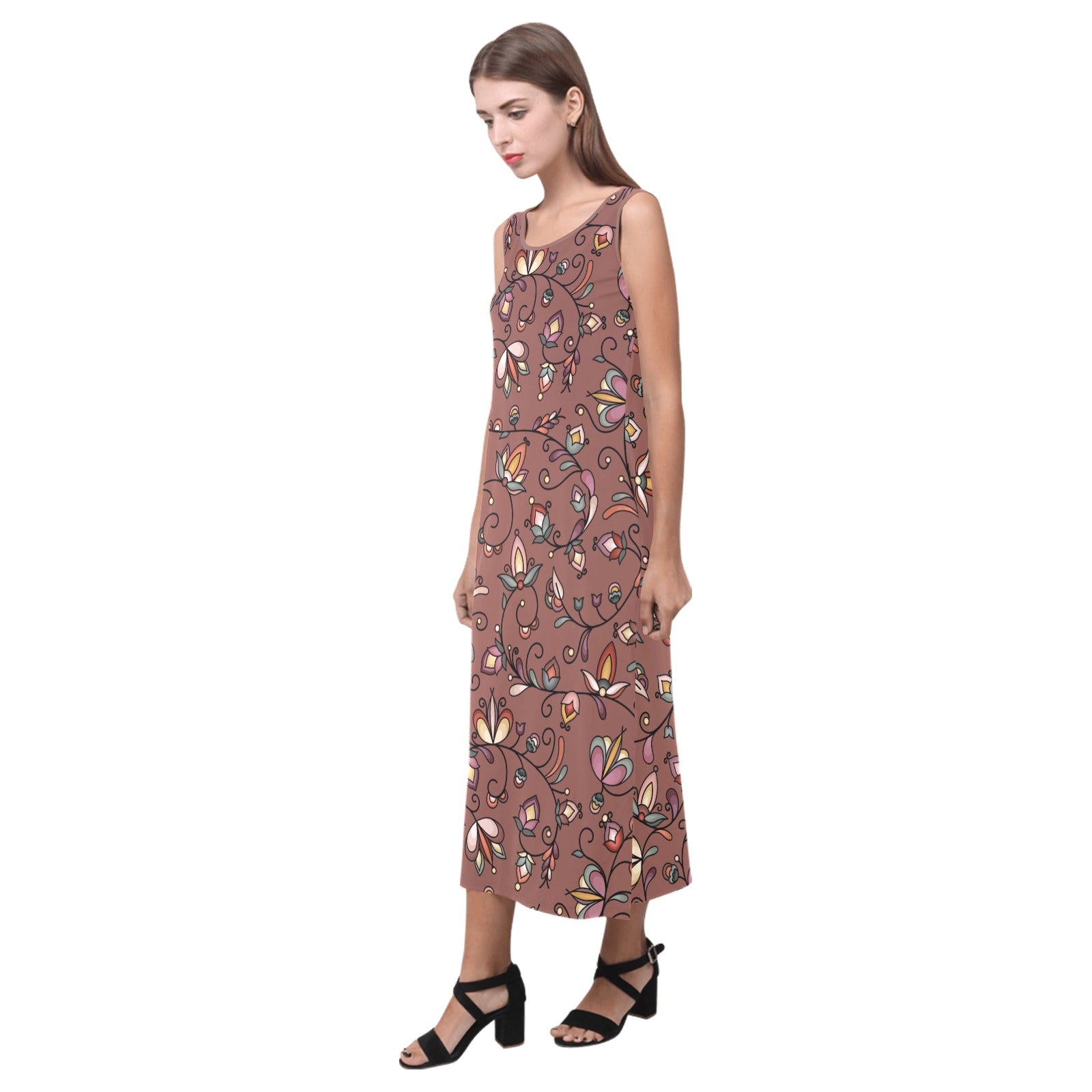 Burnt Sky Petals Brown Phaedra Sleeveless Open Fork Long Dress