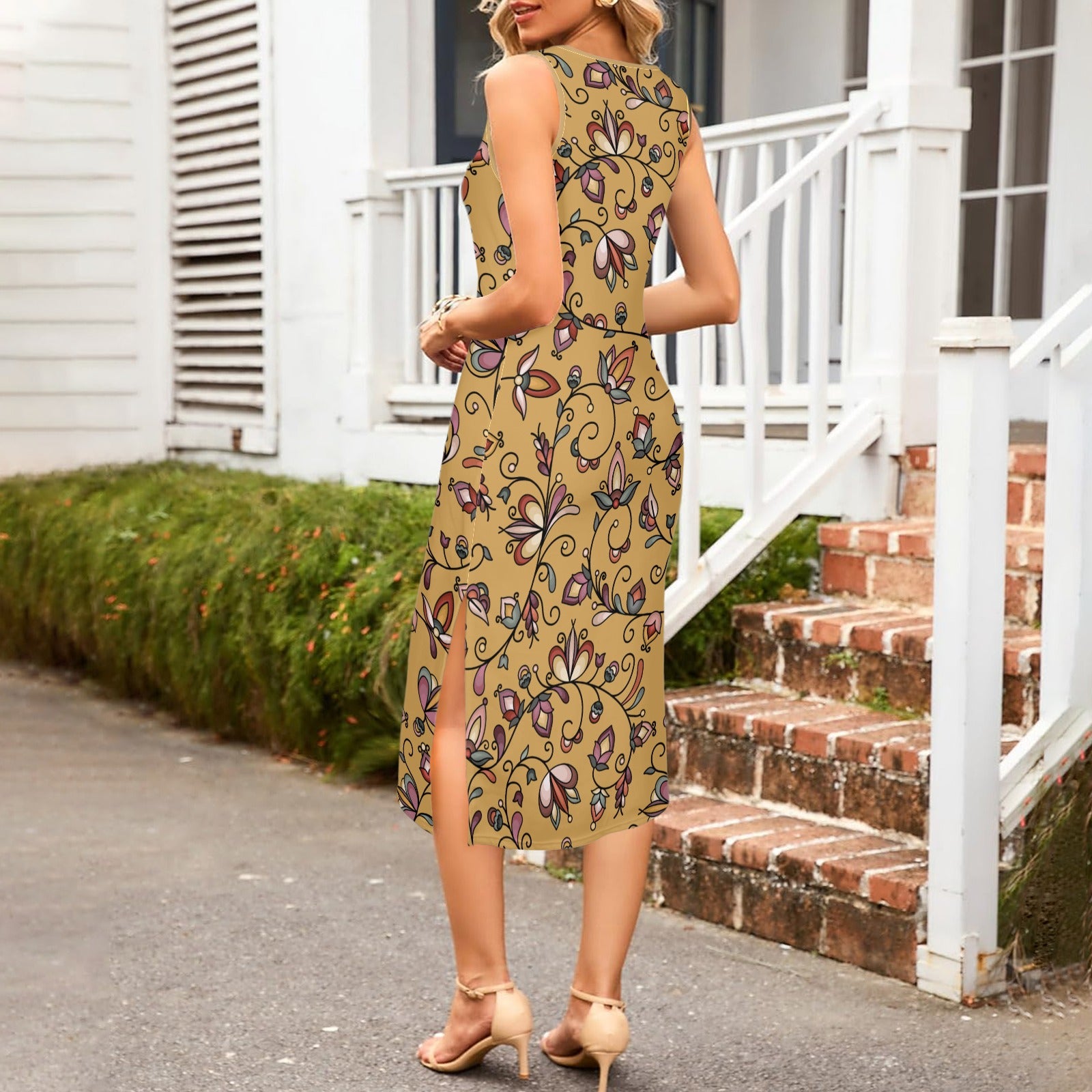 Burnt Sky Petals Gold Phaedra Sleeveless Open Fork Long Dress