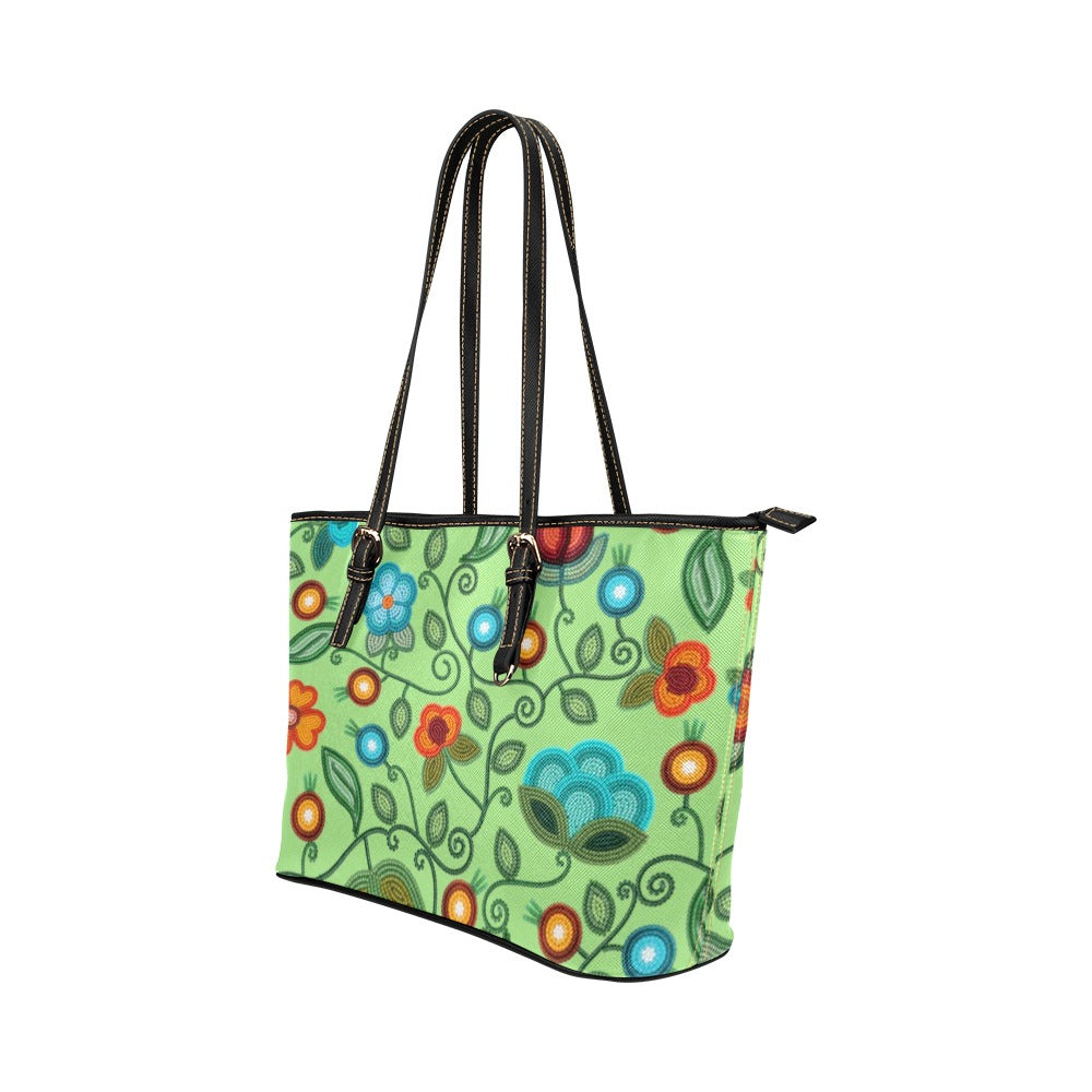 Prairie Fire Petals Sage Leather Tote Bag/Large