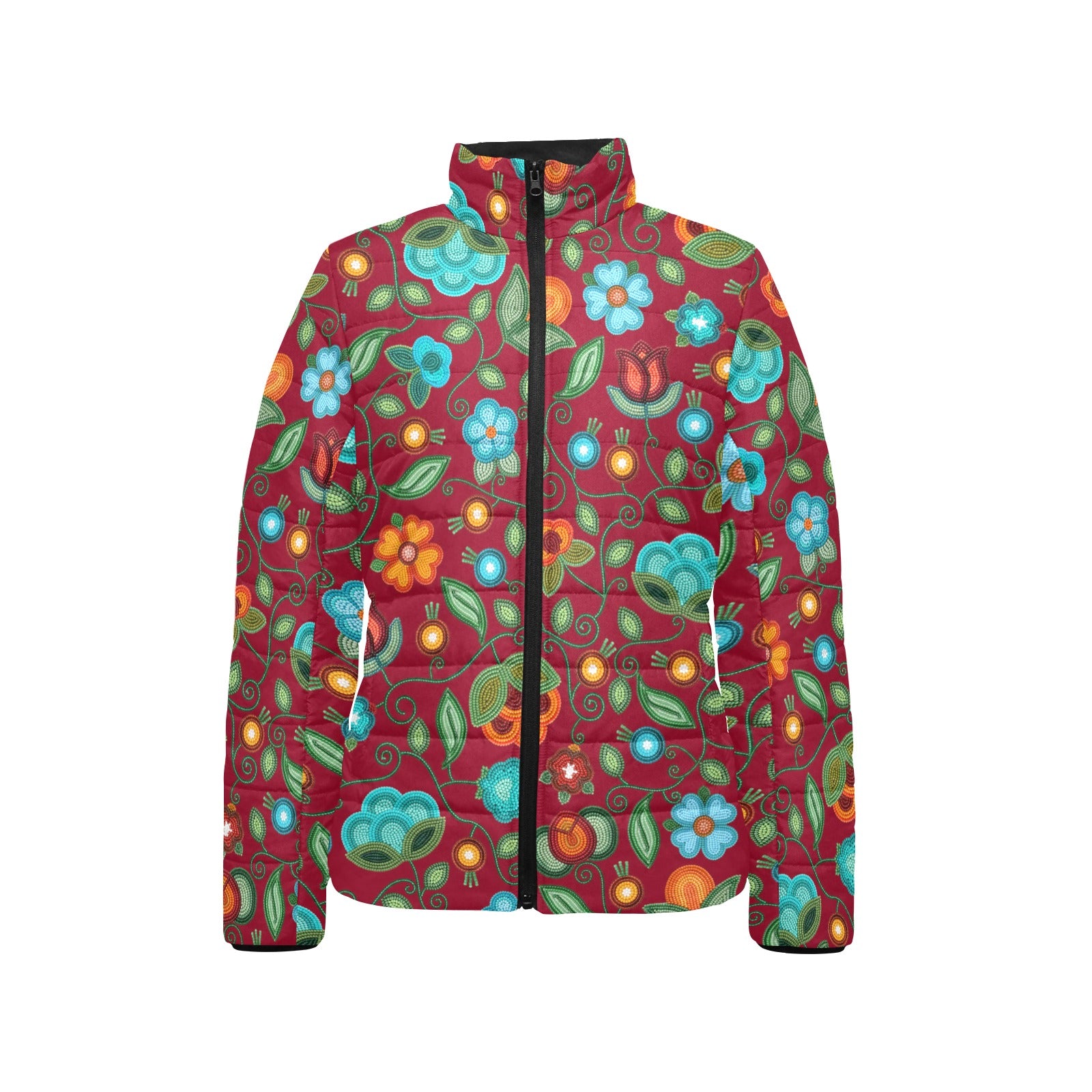 Prairie Fire Petals Red Women's Stand Collar Padded Jacket