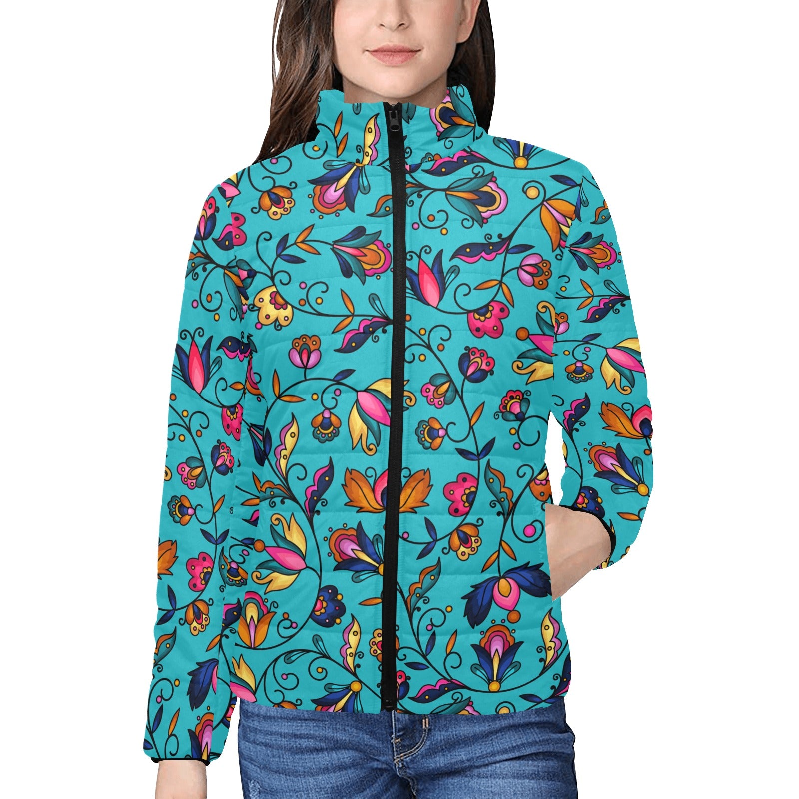 Copper Prairie Petals Turquoise Women's Stand Collar Padded Jacket