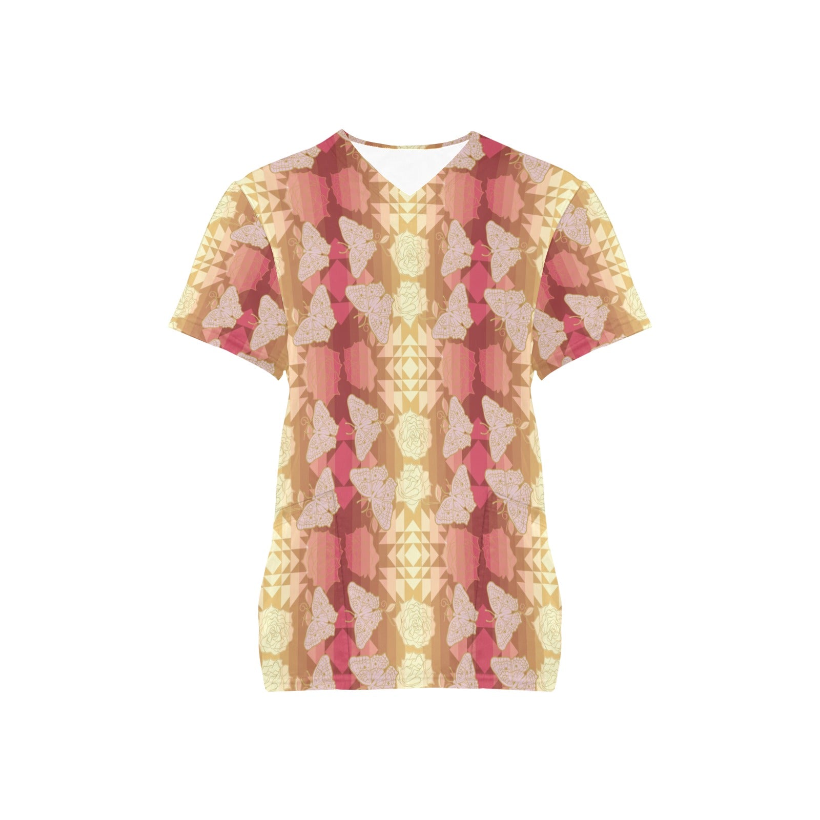 Butterfly and Roses on Geometric Scrub Top