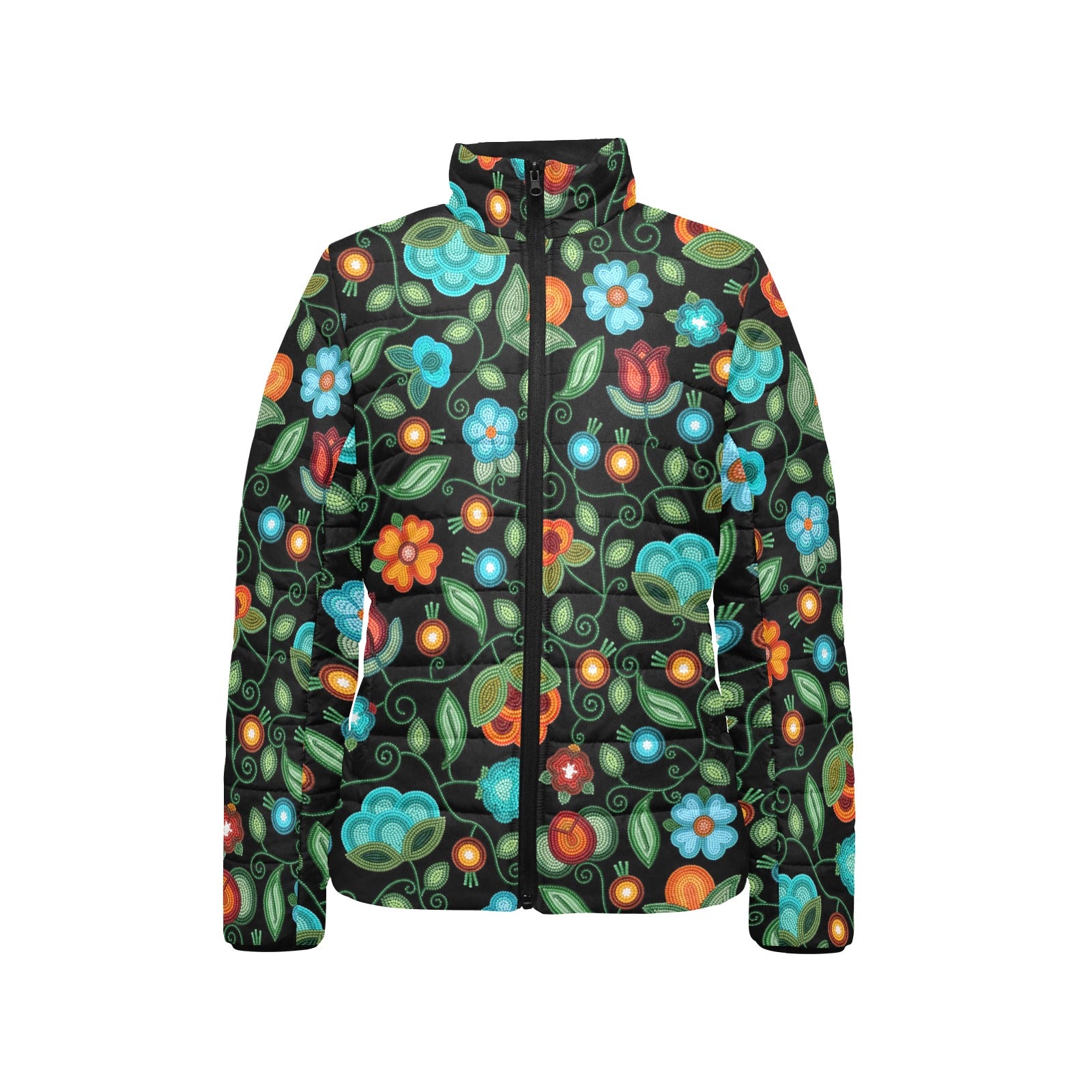 Prairie Fire Petals Black Women's Stand Collar Padded Jacket