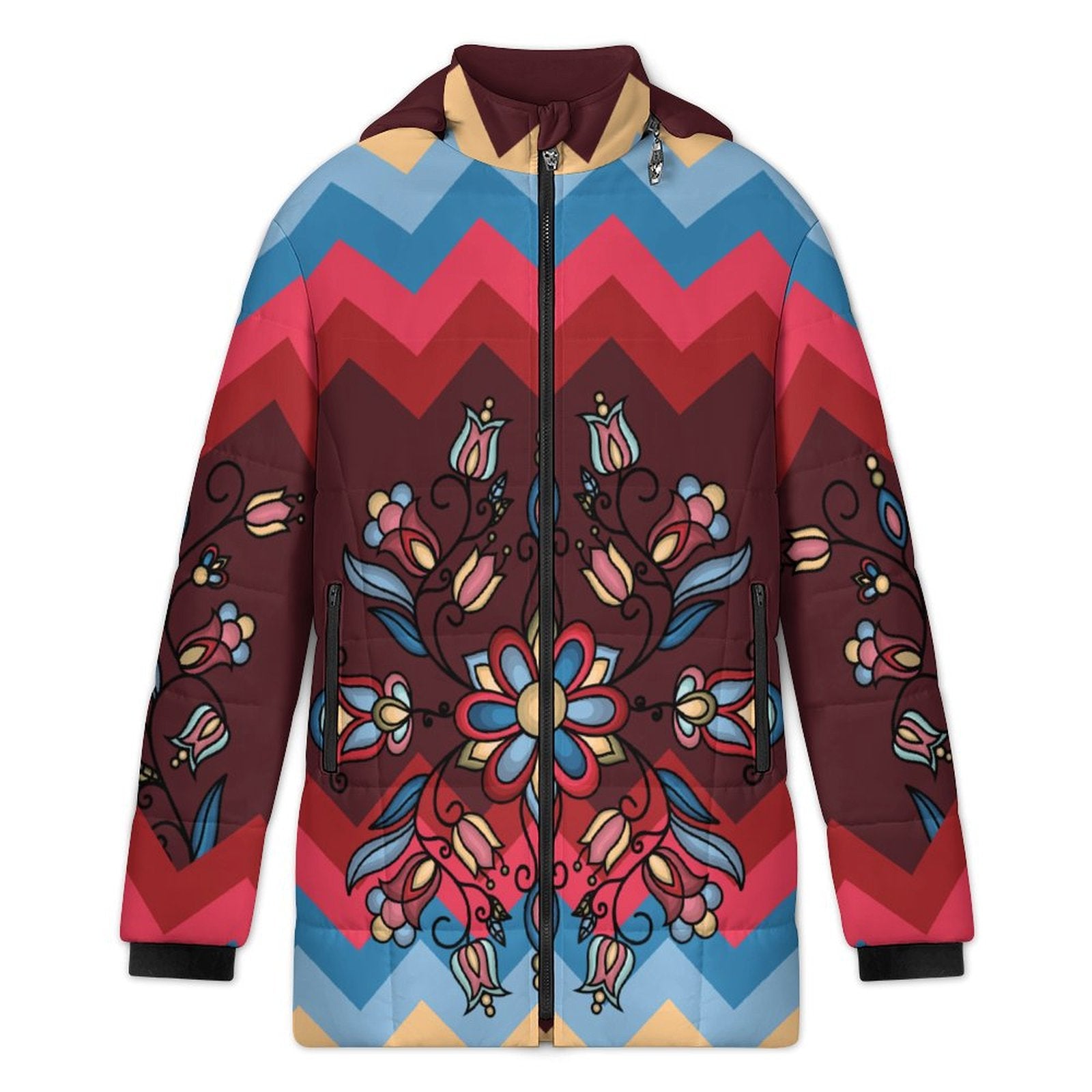 Frozen Petal Cascade Women's Hooded Puffer Coat