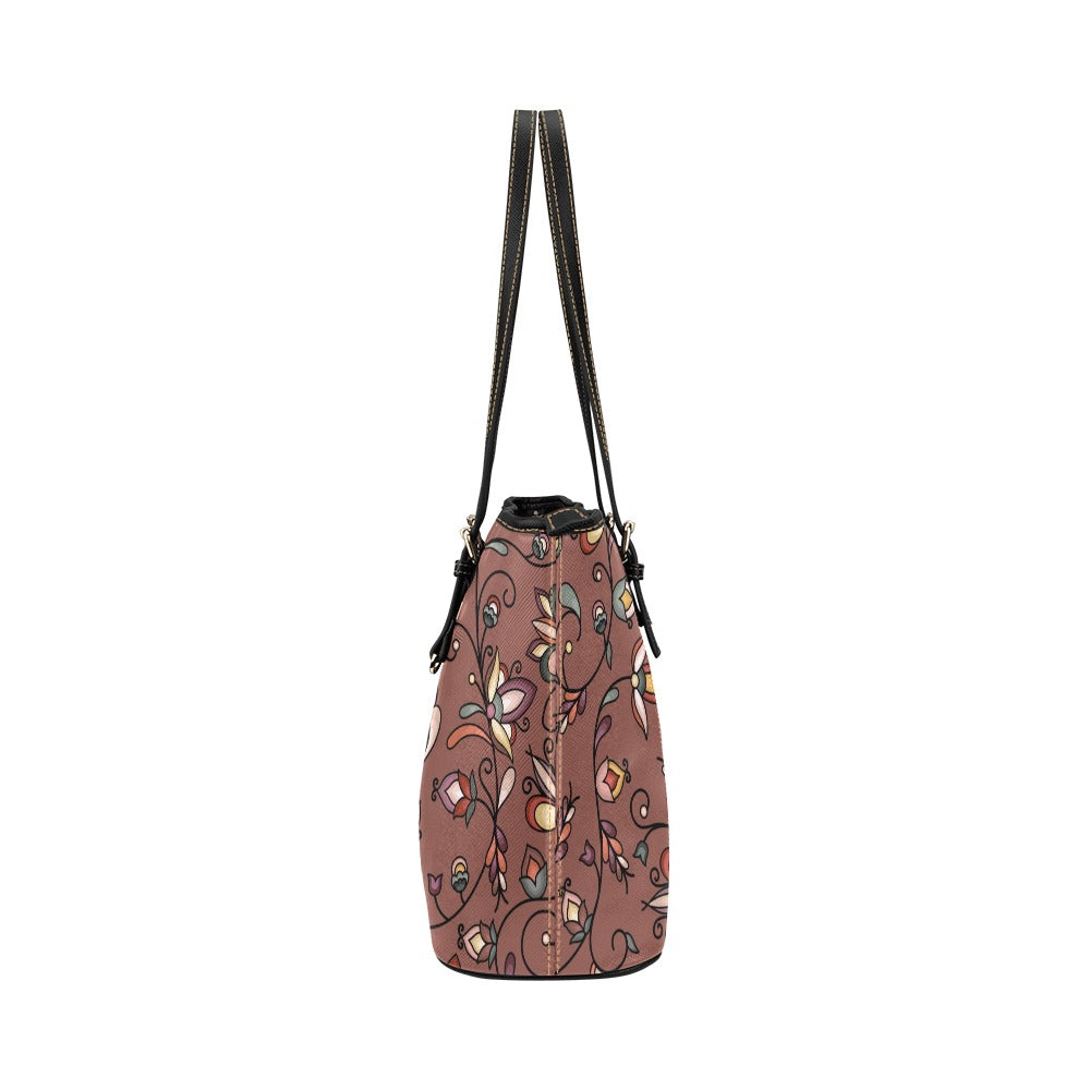 Burnt Sky Petals Brown Leather Tote Bag/Large