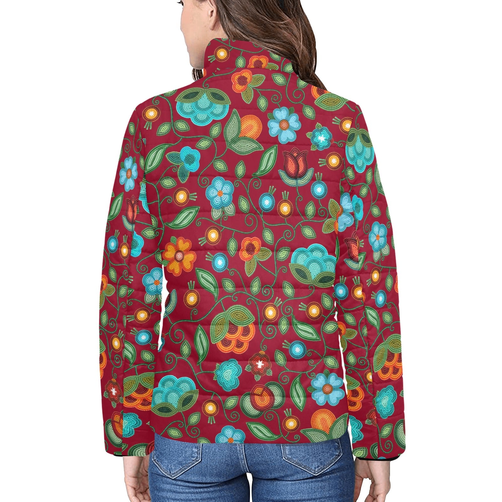 Prairie Fire Petals Red Women's Stand Collar Padded Jacket