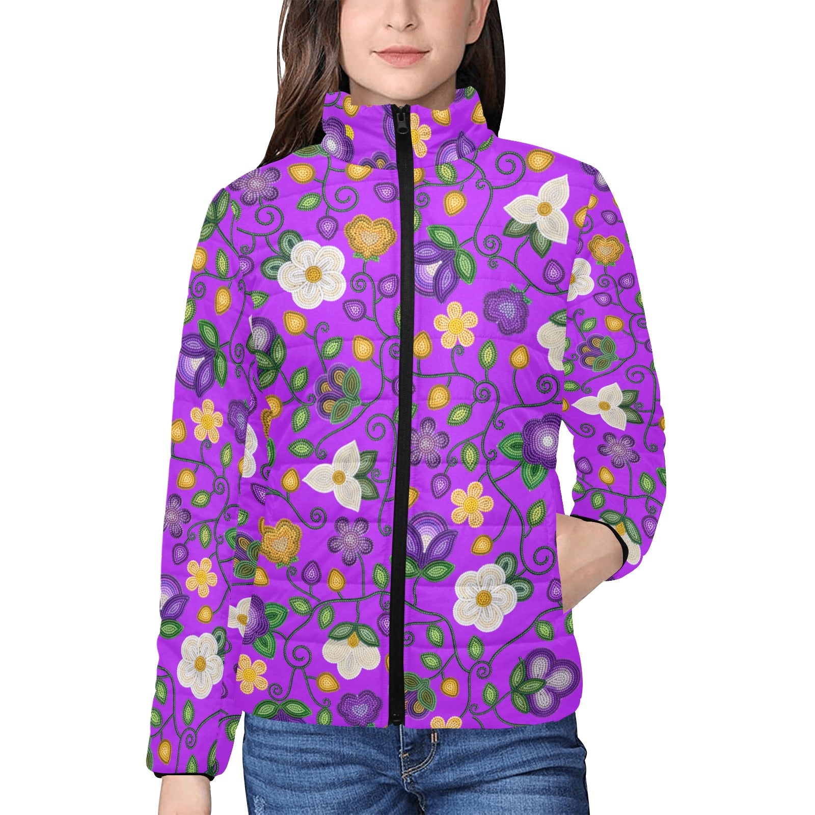 Midnight Moss Bloom Purple Women's Stand Collar Padded Jacket