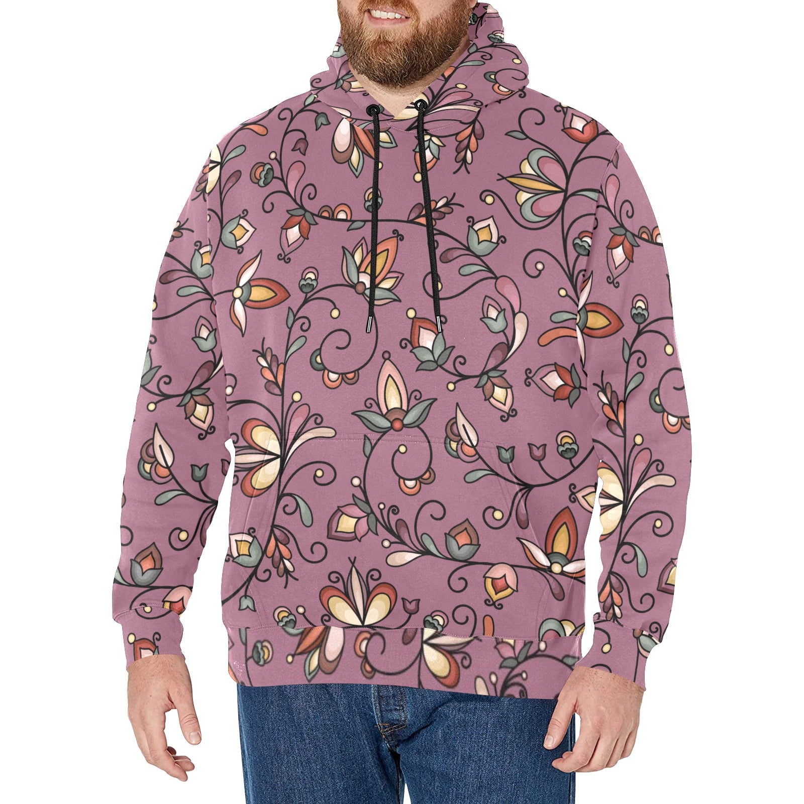 Burnt Sky Petals Magenta Men's Long Sleeve Fleece Hoodie)