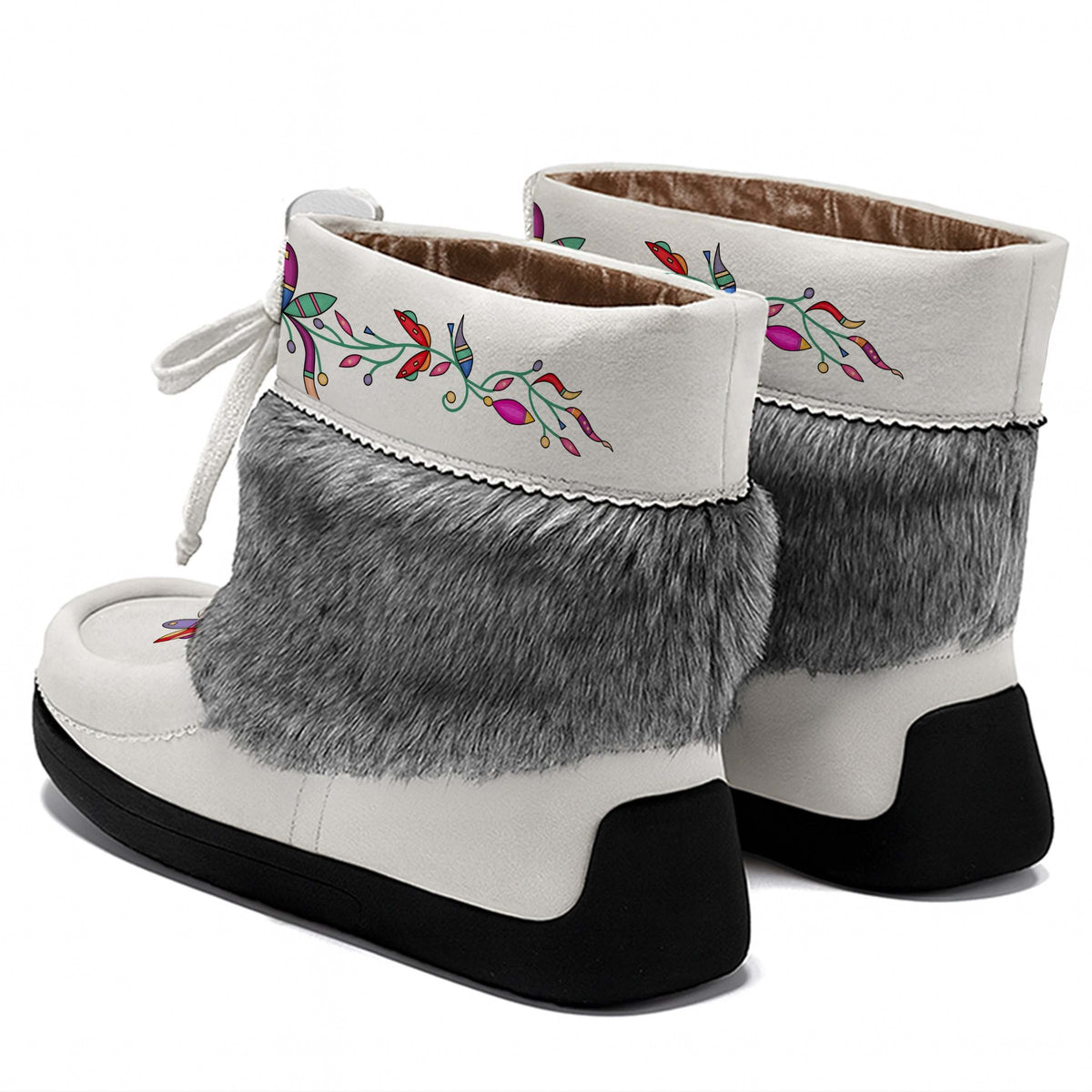 Ancestral Embers White Leather MocLux Ankle with Grey Fur, back view of a pair with a cuff printed with a vine of red, pink and green flowers and leaves