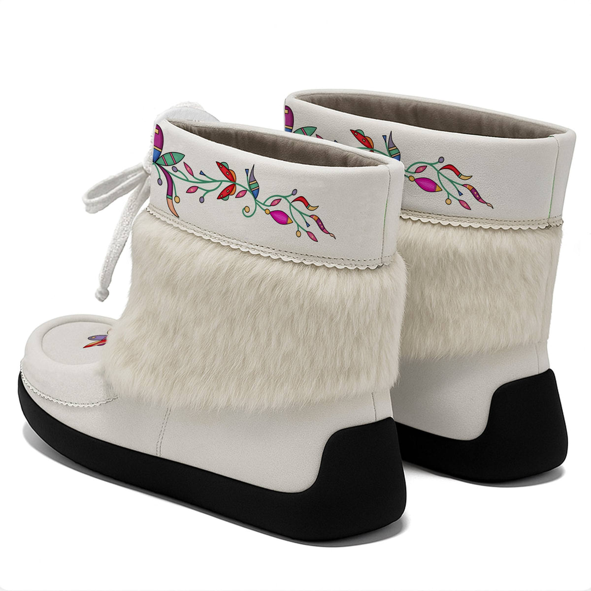 Ancestral Embers white ankle MocLux (white fur) pair from behind at an angle, fur band above the heels