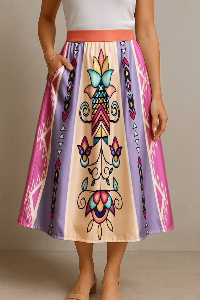 Arrow Blossom Path Bright  Elastic Waist Pocket Midi Skirt