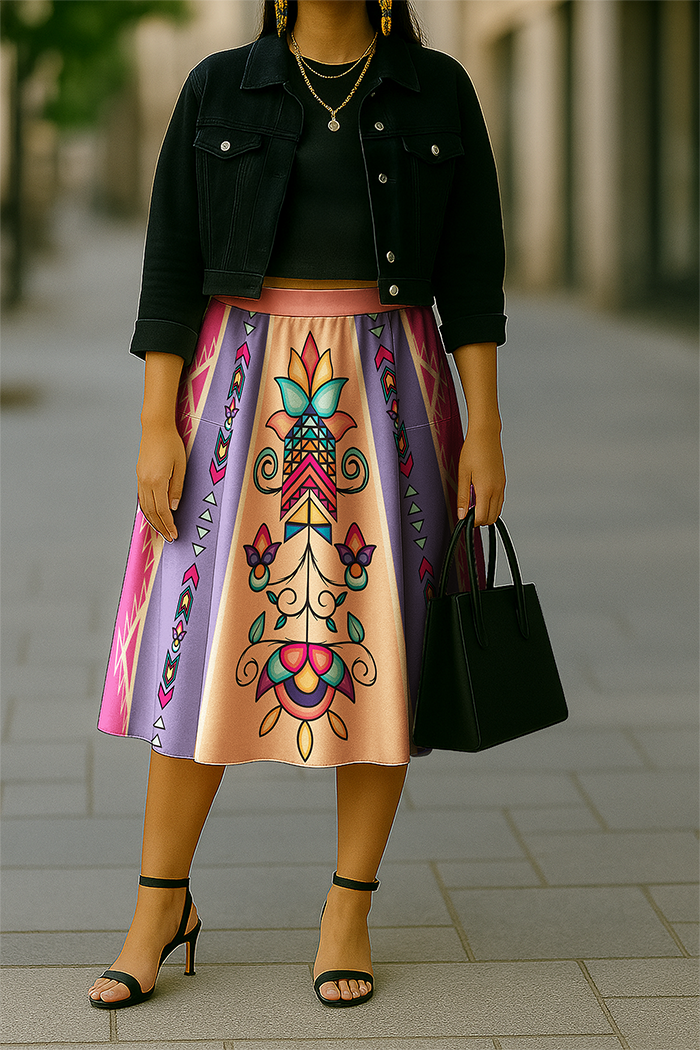 Arrow Blossom Path Bright  Elastic Waist Pocket Midi Skirt