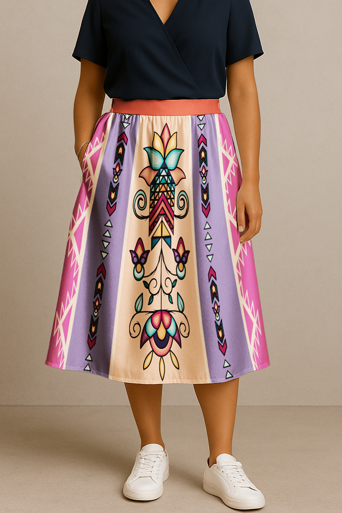Arrow Blossom Path Bright  Elastic Waist Pocket Midi Skirt