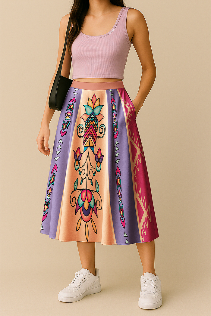 Arrow Blossom Path Bright  Elastic Waist Pocket Midi Skirt