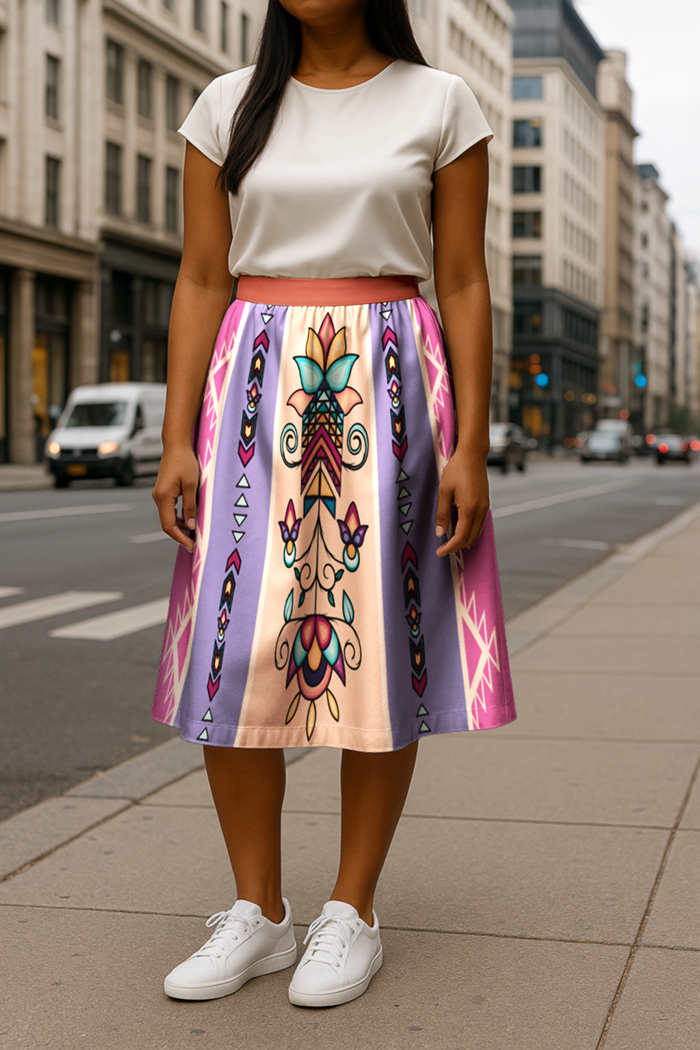 Arrow Blossom Path Bright  Elastic Waist Pocket Midi Skirt