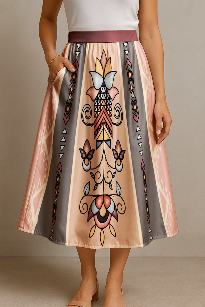 Arrow Blossom Path Earthy Elastic Waist Pocket Midi Skirt