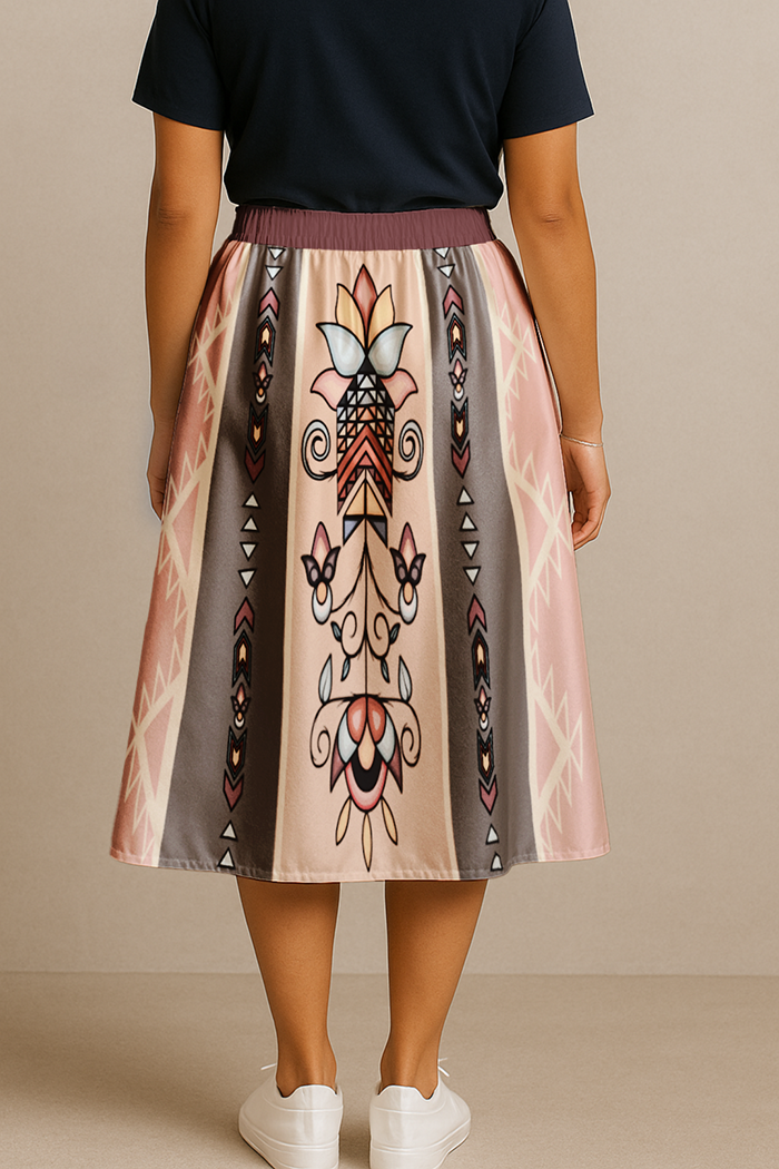 Arrow Blossom Path Earthy Elastic Waist Pocket Midi Skirt