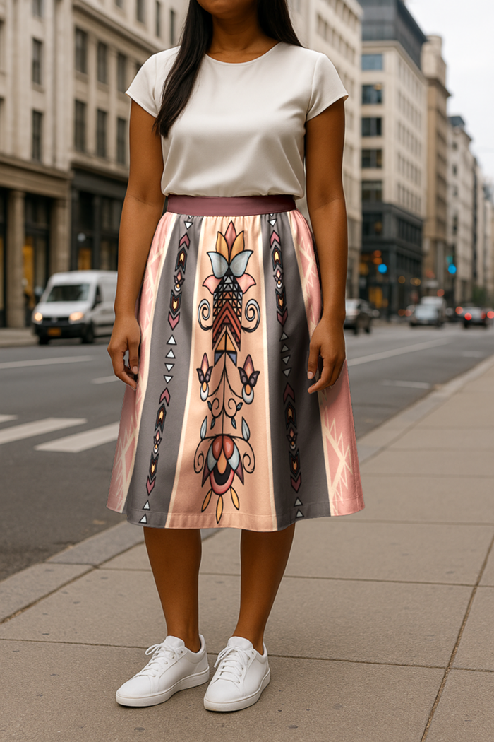Arrow Blossom Path Earthy Elastic Waist Pocket Midi Skirt