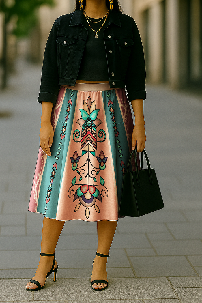 Arrow Blossom Path Pastel Elastic Waist Pocket Midi Skirt