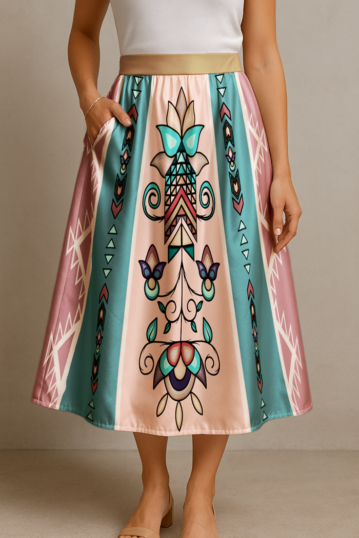 Arrow Blossom Path Pastel Elastic Waist Pocket Midi Skirt