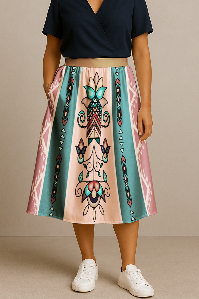 Arrow Blossom Path Pastel Elastic Waist Pocket Midi Skirt