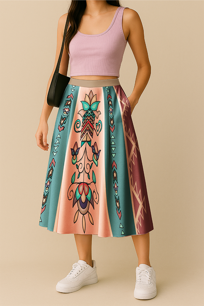 Arrow Blossom Path Pastel Elastic Waist Pocket Midi Skirt