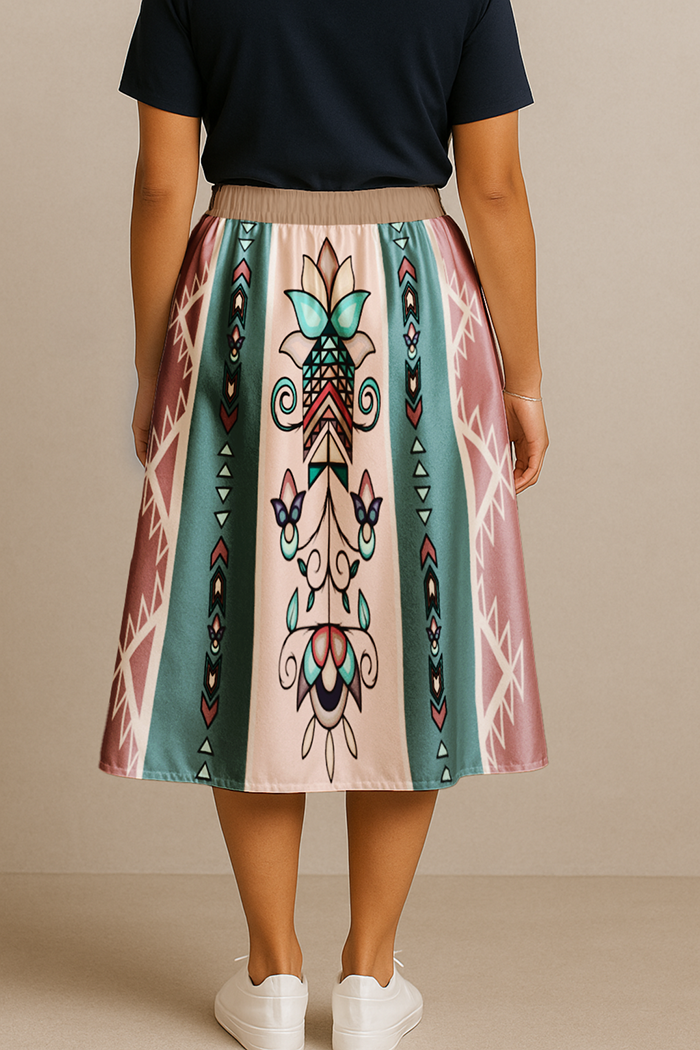Arrow Blossom Path Pastel Elastic Waist Pocket Midi Skirt