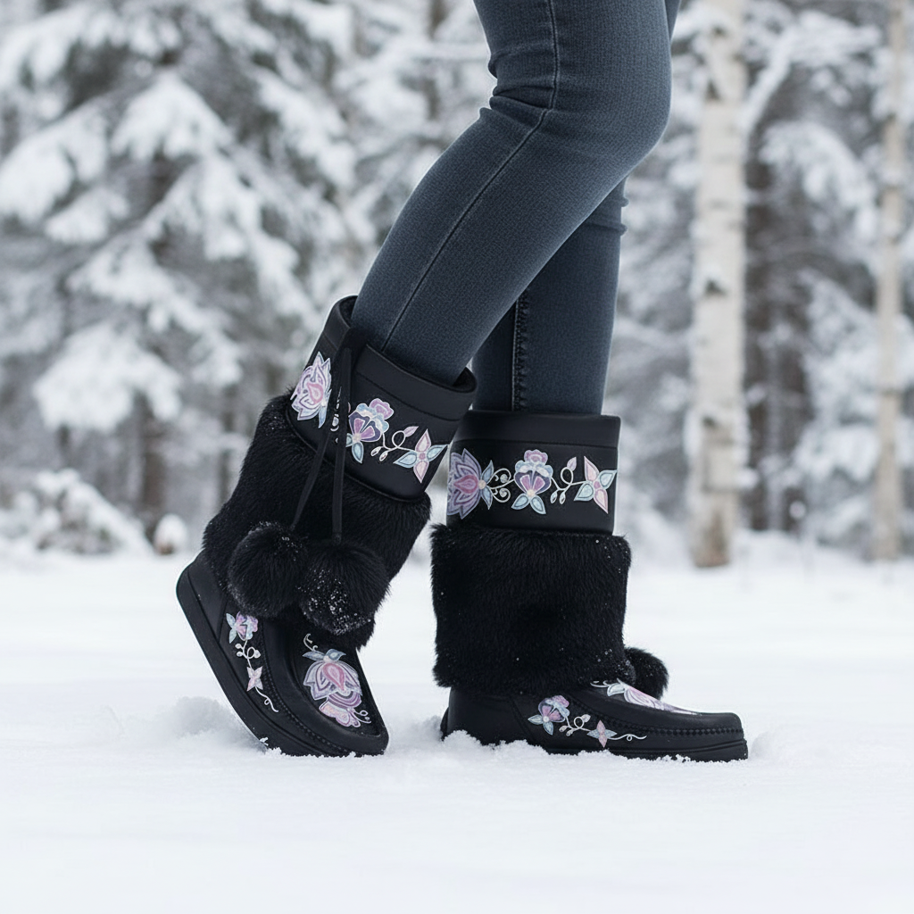 Snow Petal Spirit Real Black Leather MocLux Calf with Fur